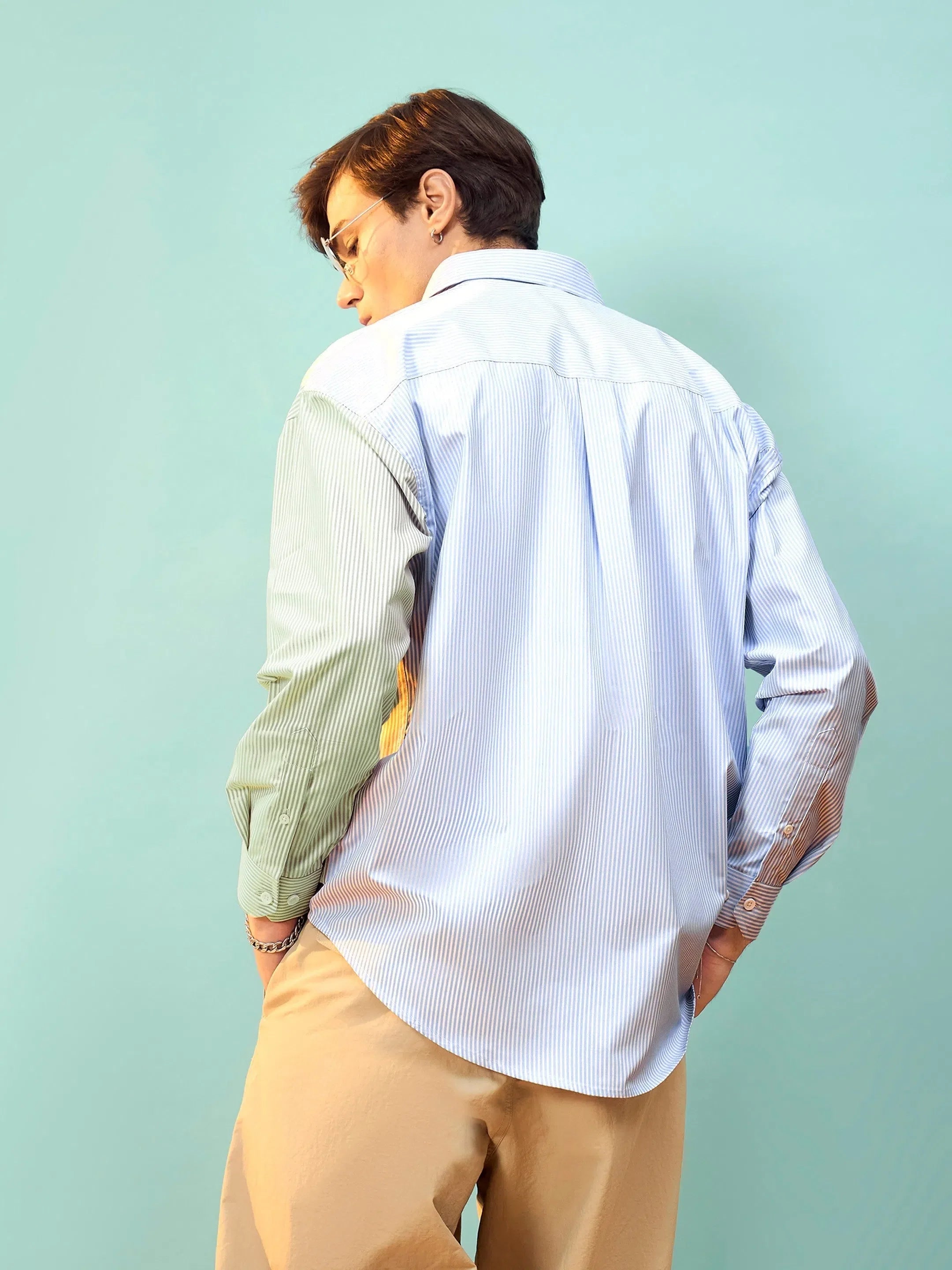 Blue & White Stripe Color Block Cotton Mens Shirt