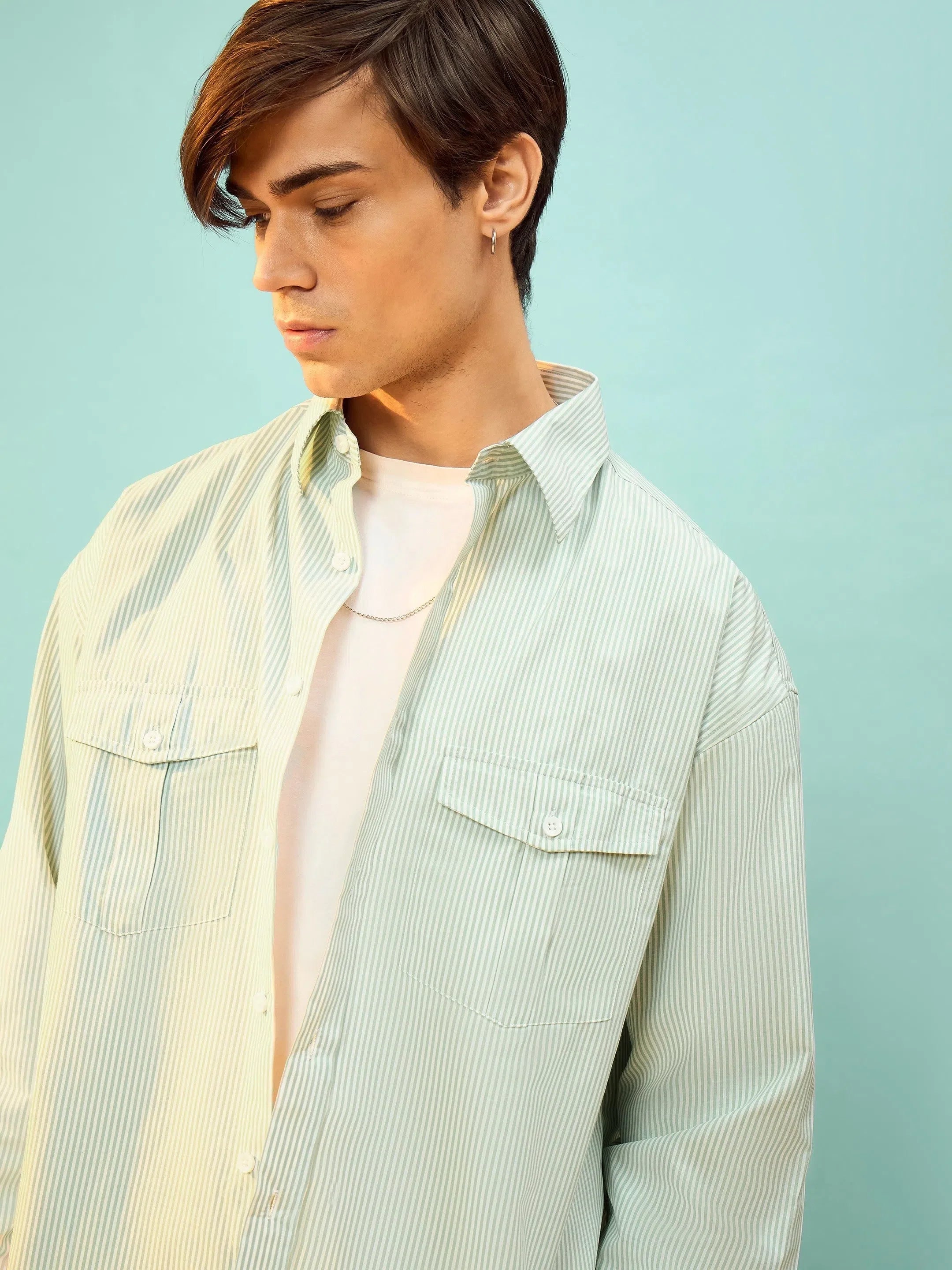Green & White Stripe Oversize Mens Shirt | Printed Cotton Shirt