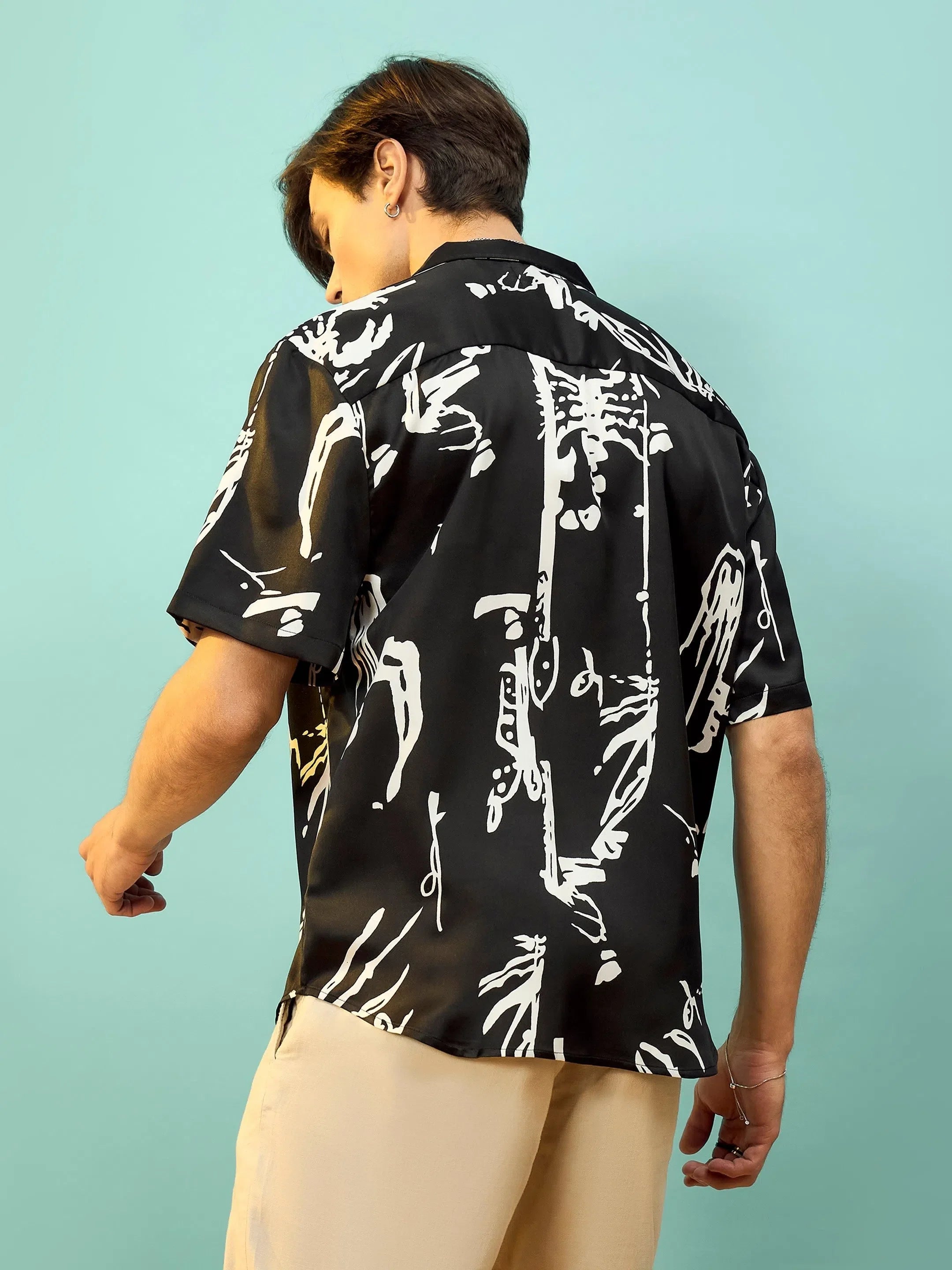 Black Satin Print Relax Fit Mens Shirt | Printed Shirt