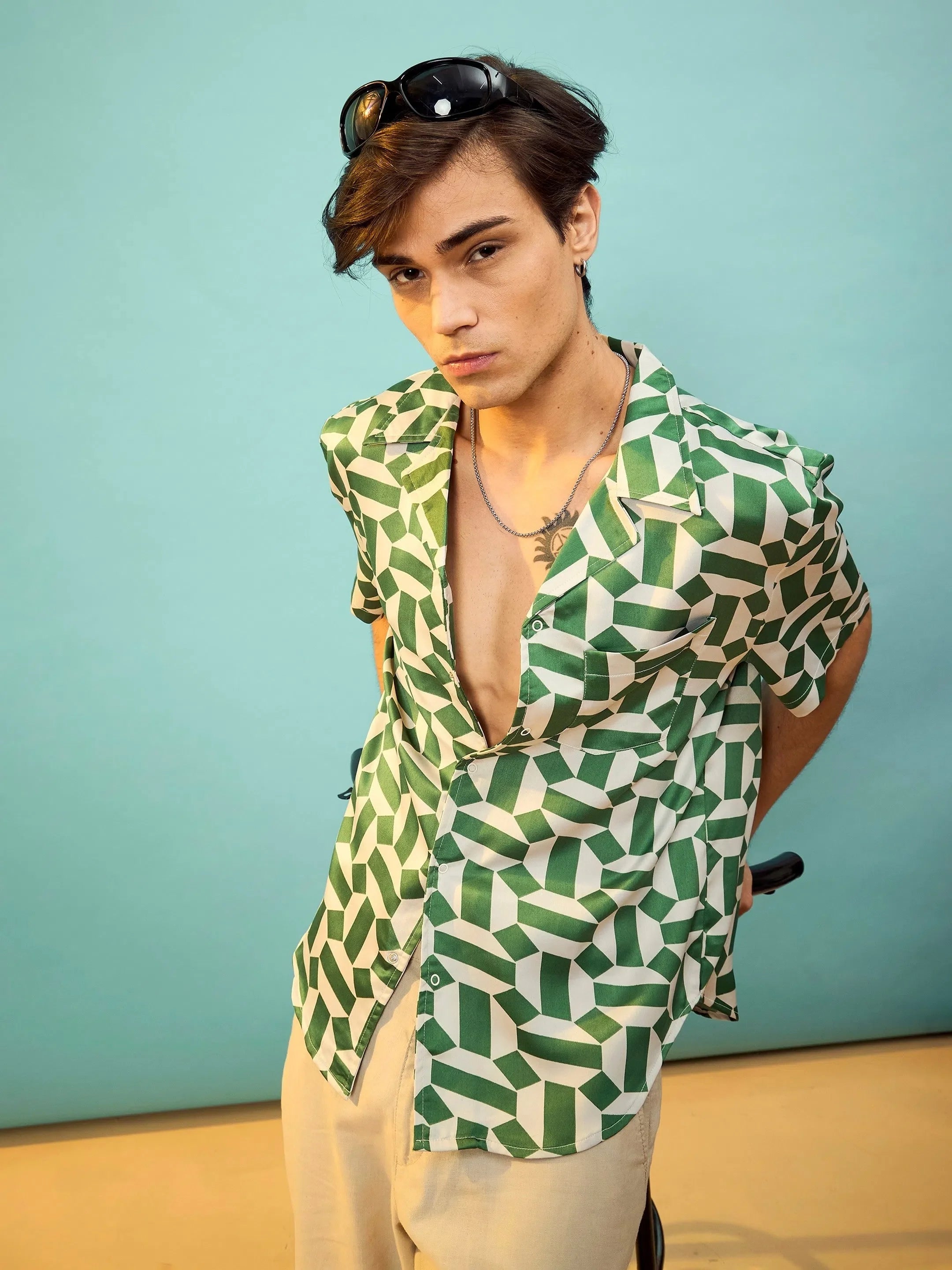 Green Satin Printed Shirt for Men - Relax Fit & Stylish!