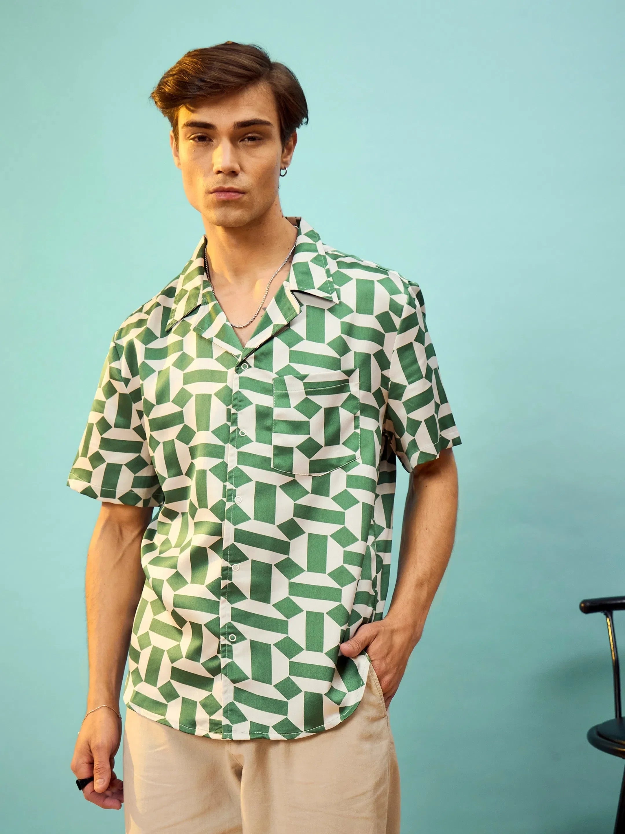Green Satin Printed Shirt for Men - Relax Fit & Stylish!
