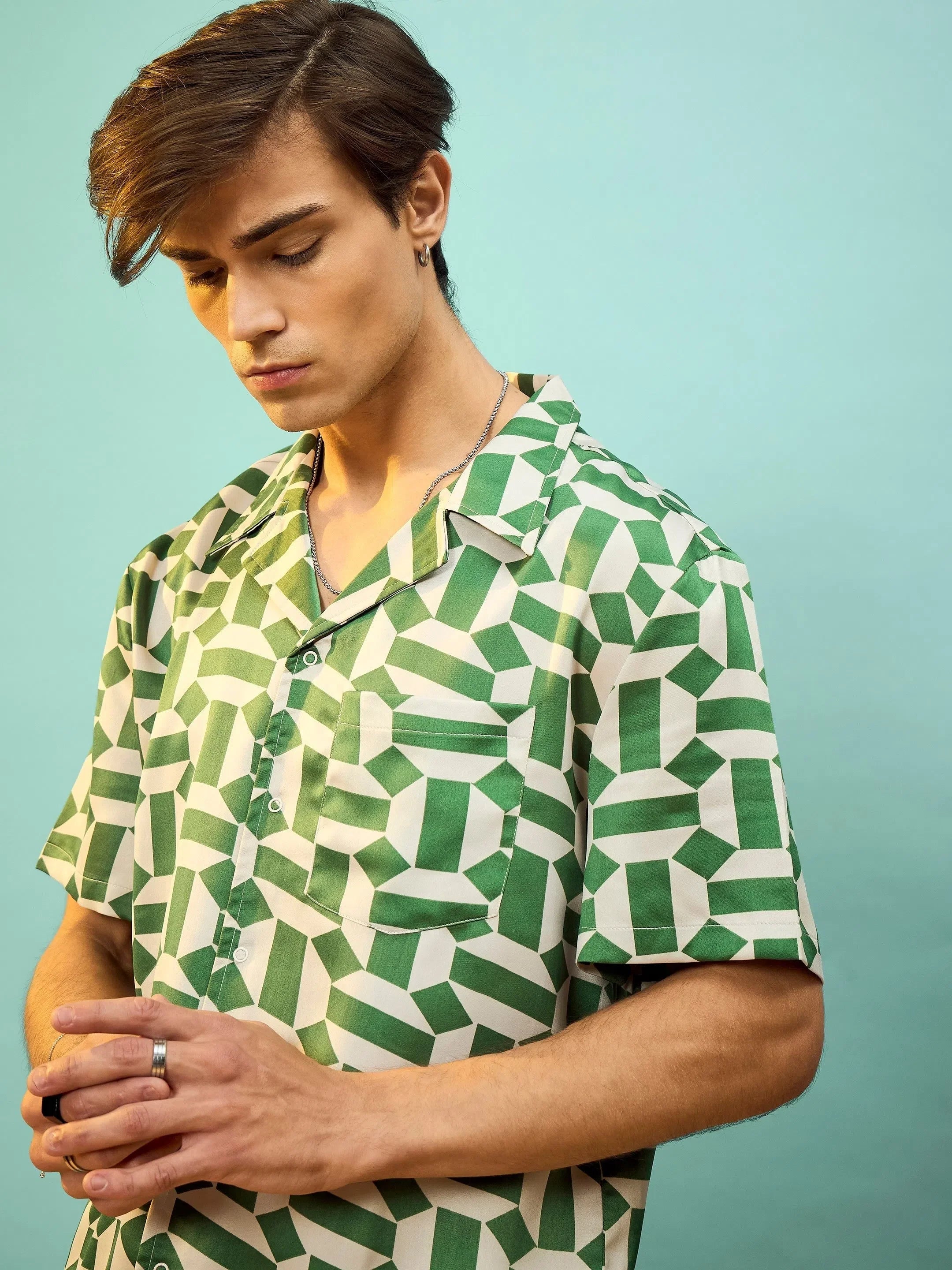 Green Satin Printed Shirt for Men - Relax Fit & Stylish!