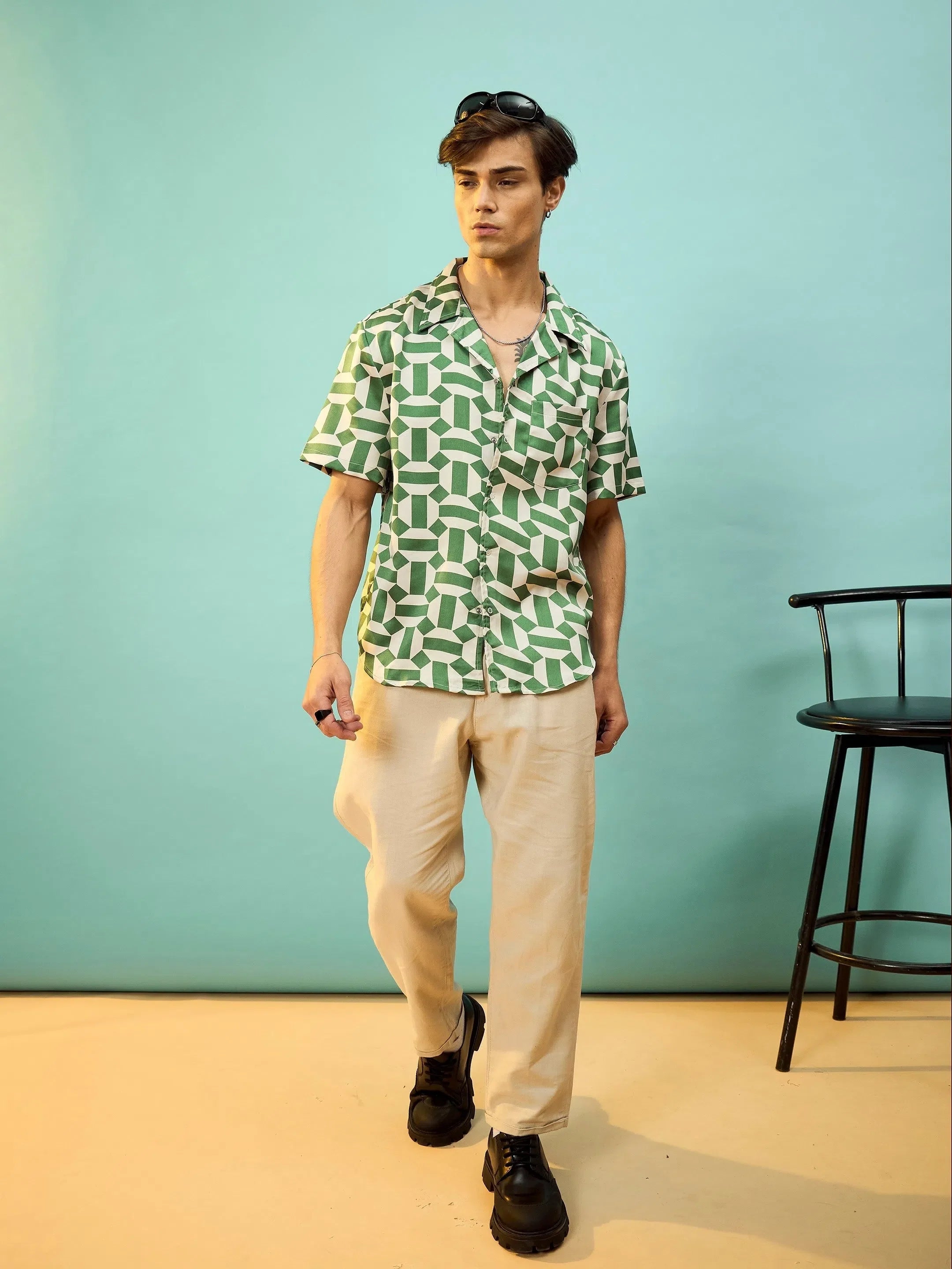 Green Satin Printed Shirt for Men - Relax Fit & Stylish!