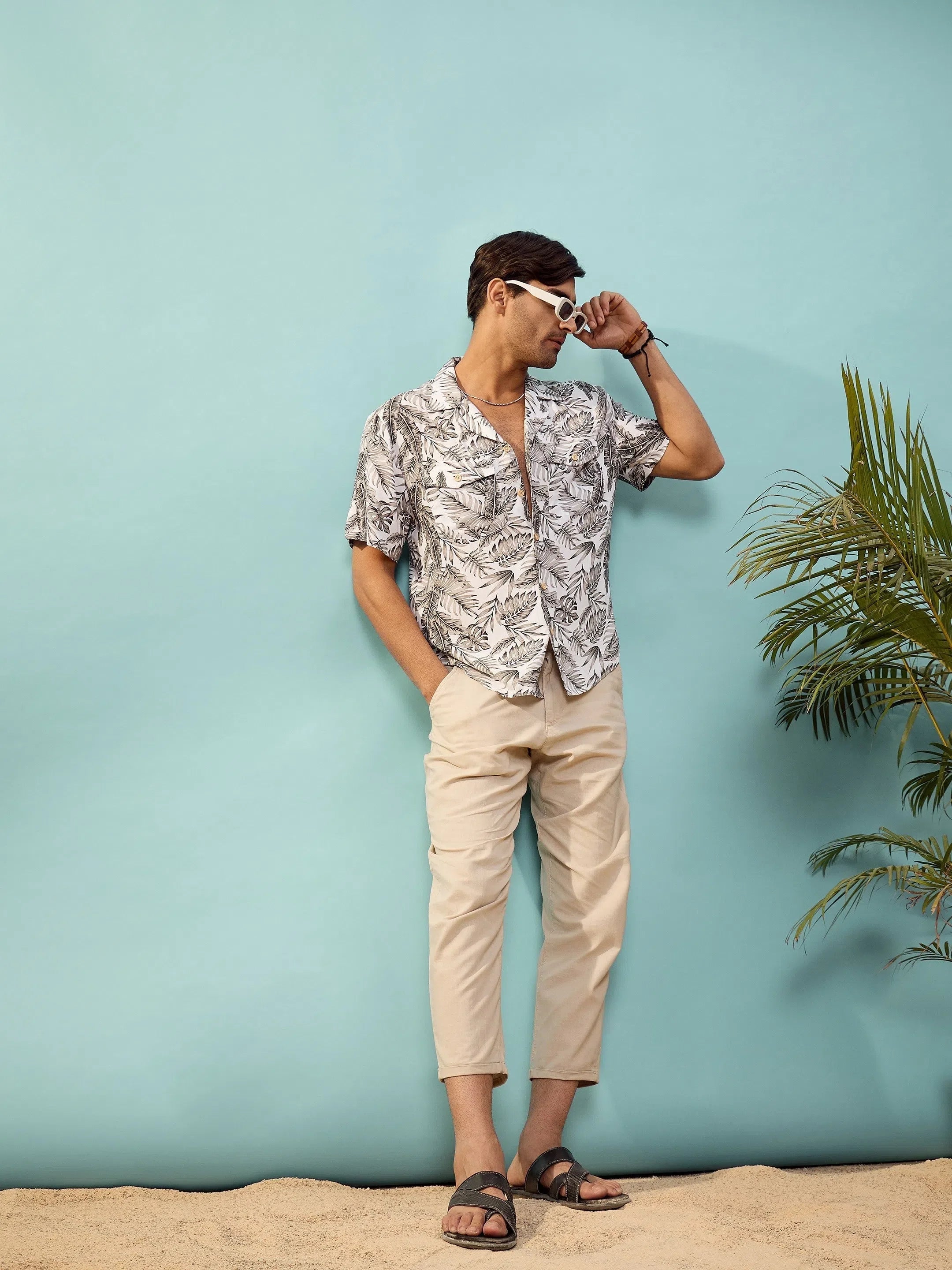 Unisex Grey Tropical Print Relax Fit Rayon Shirt