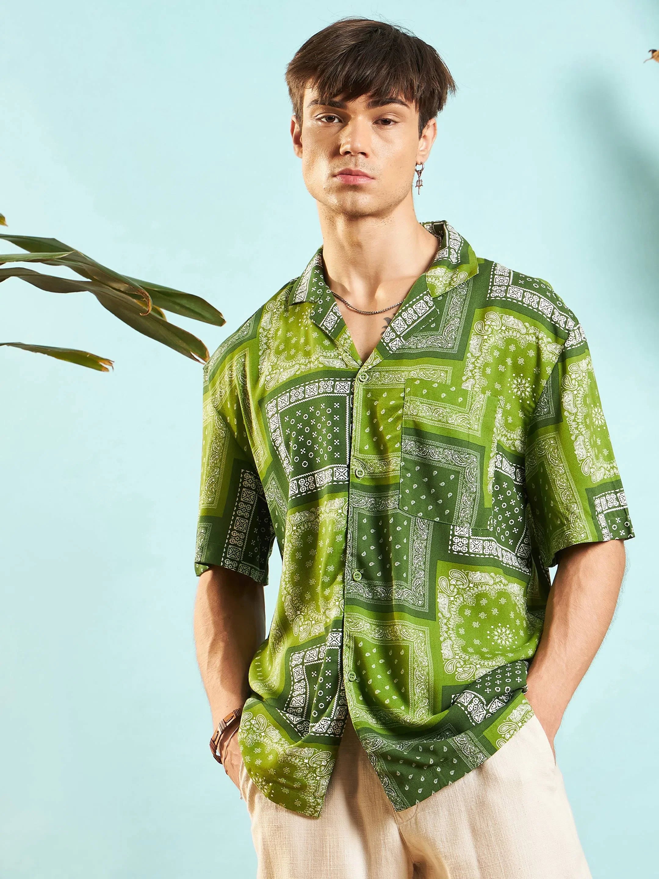 Green Paisley Printed Shirt - Relax Fit Mens Shirt