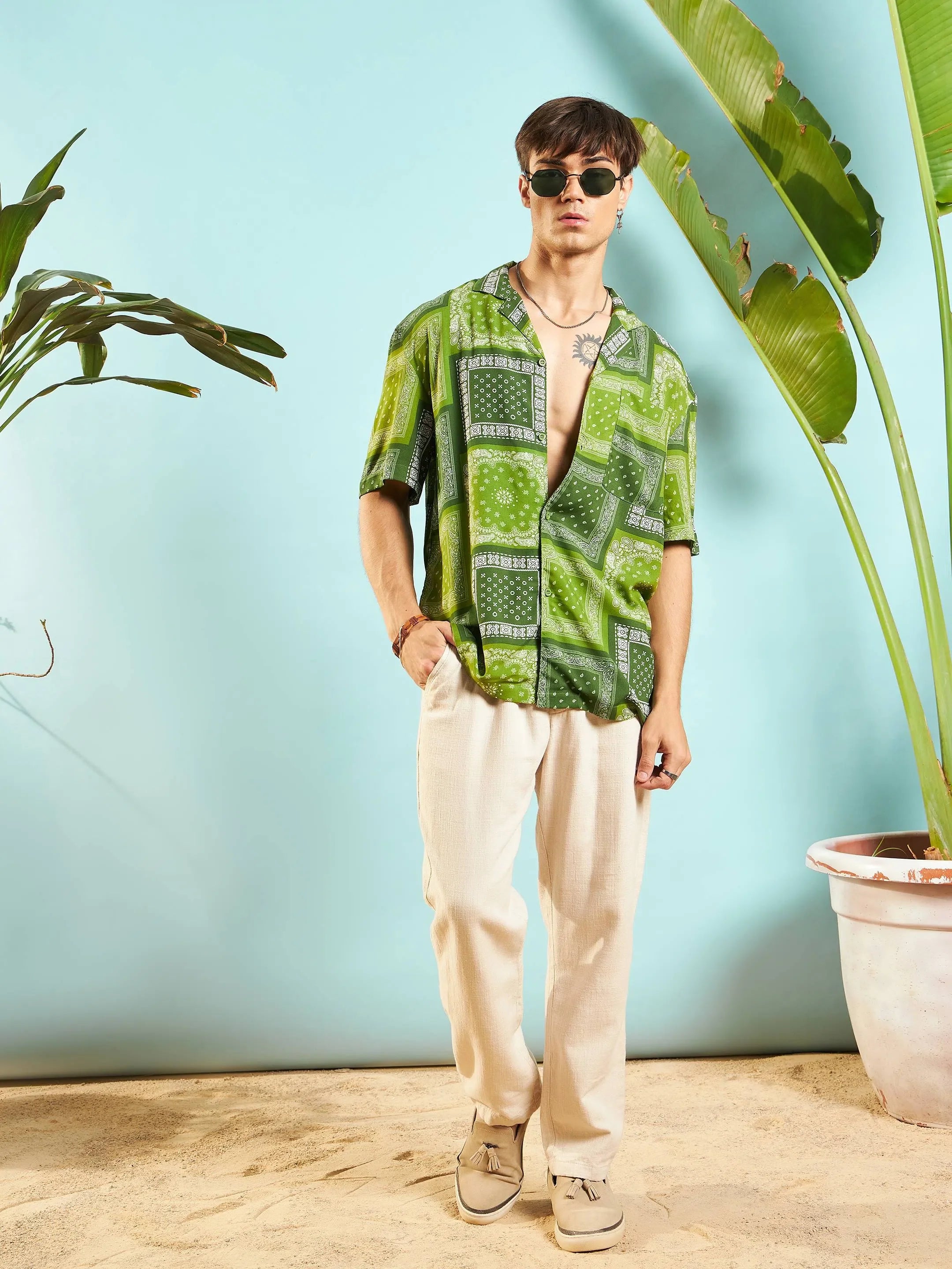 Green Paisley Printed Shirt - Relax Fit Mens Shirt