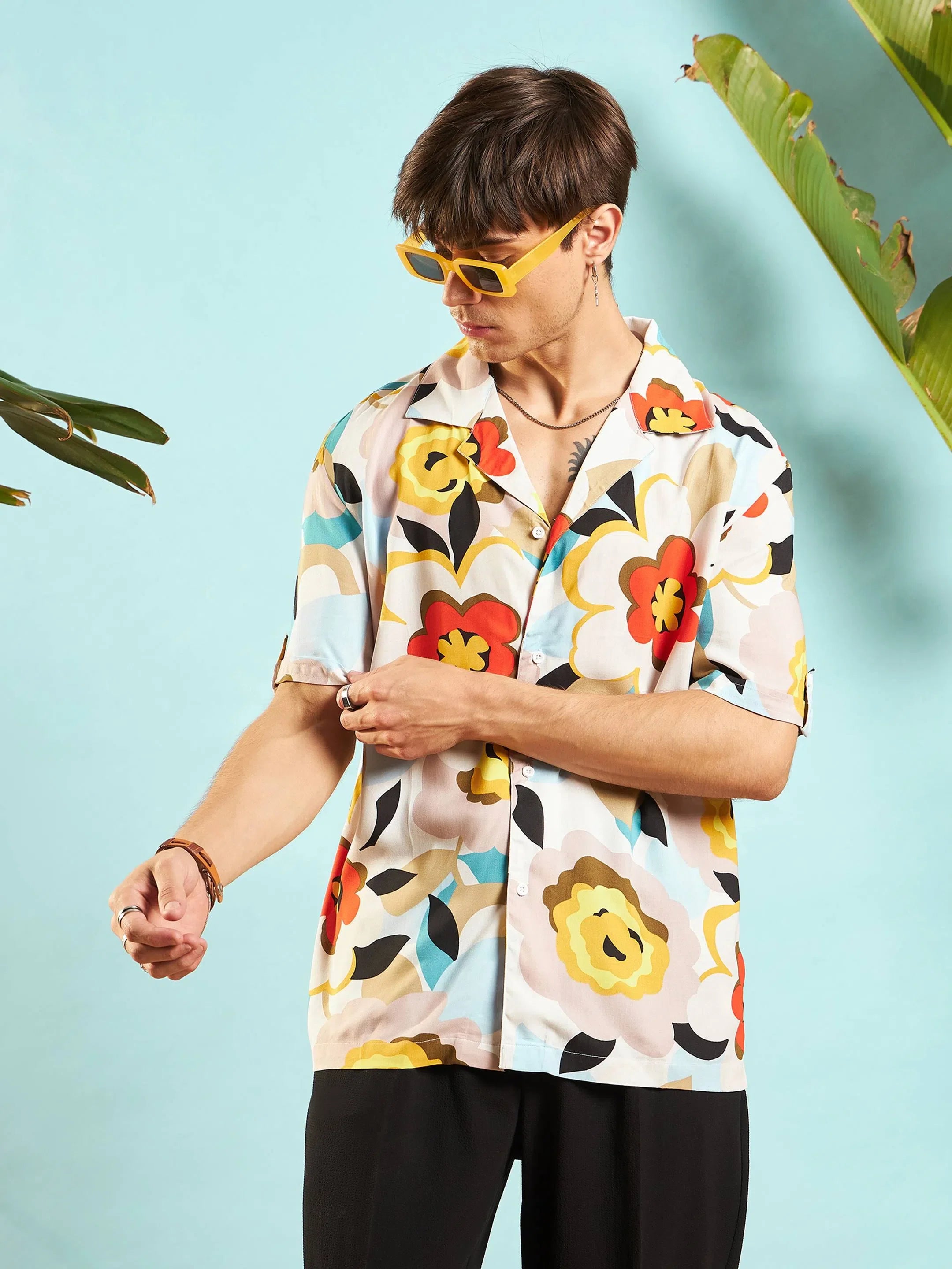 Grey Floral Printed Shirt for Men - Relax Fit Mens Shirt
