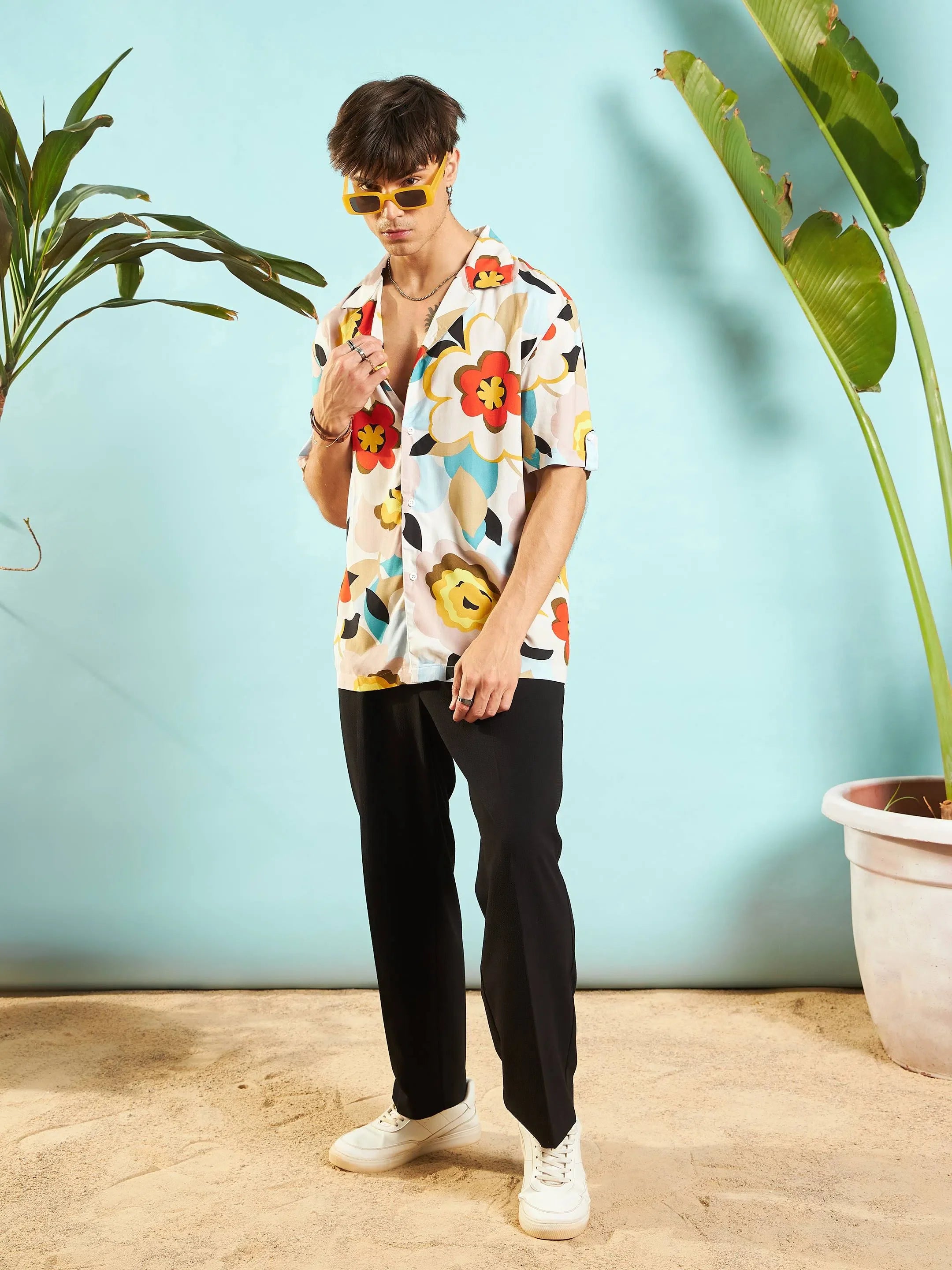 Grey Floral Printed Shirt for Men - Relax Fit Mens Shirt
