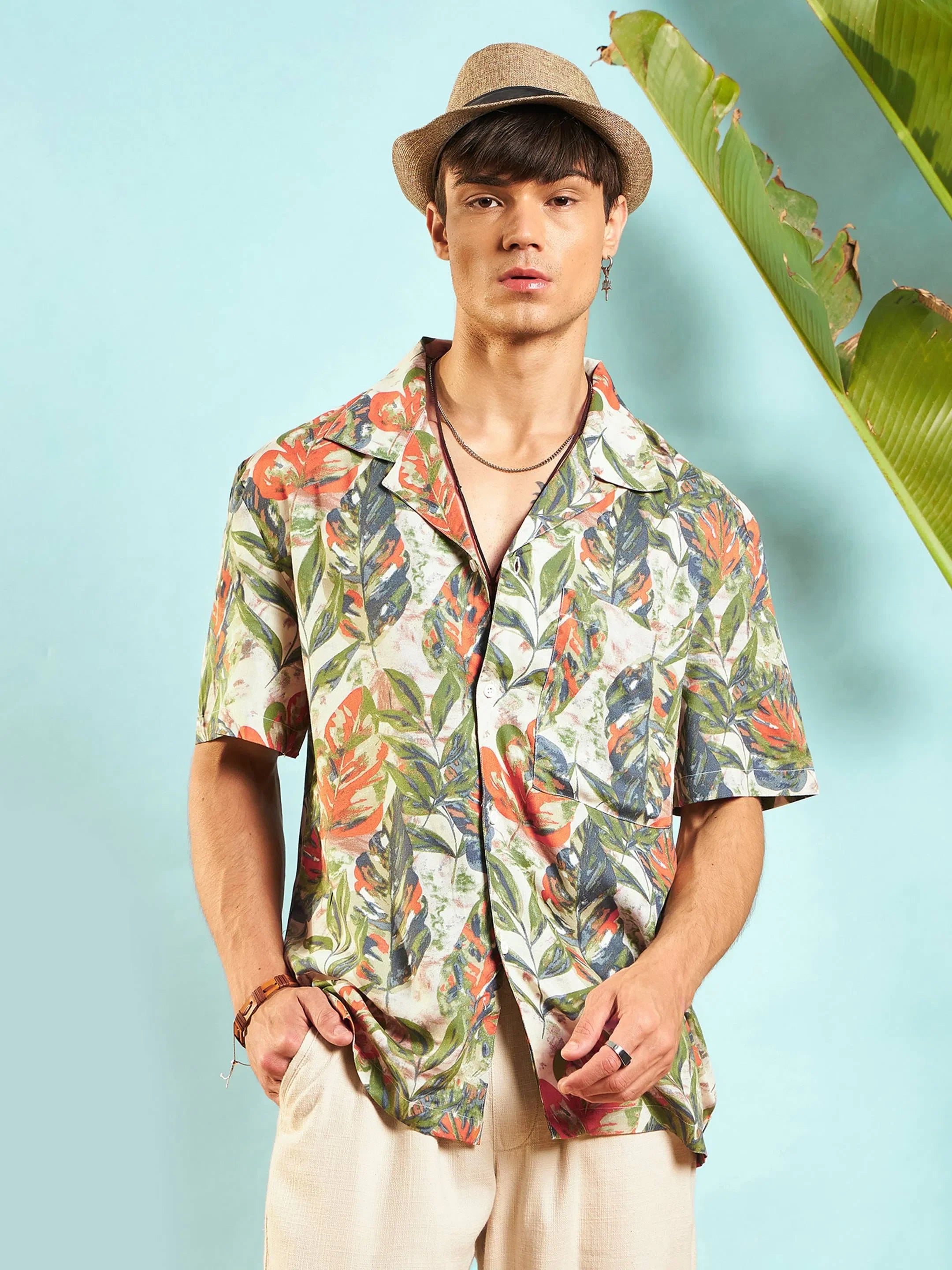 Beige Tropical Print Mens Shirt - Relax Fit Beach Shirts