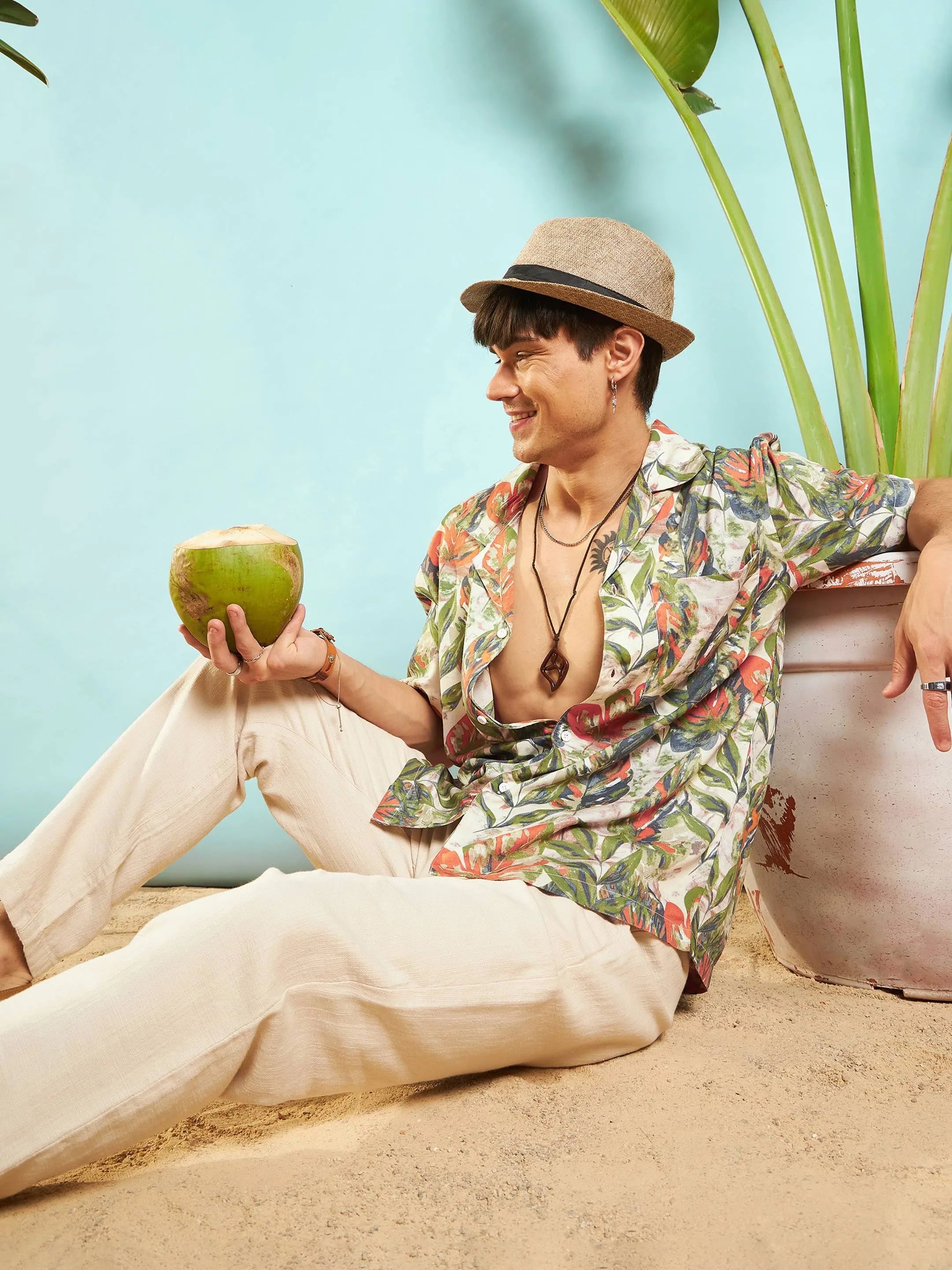 Beige Tropical Print Mens Shirt - Relax Fit Beach Shirts