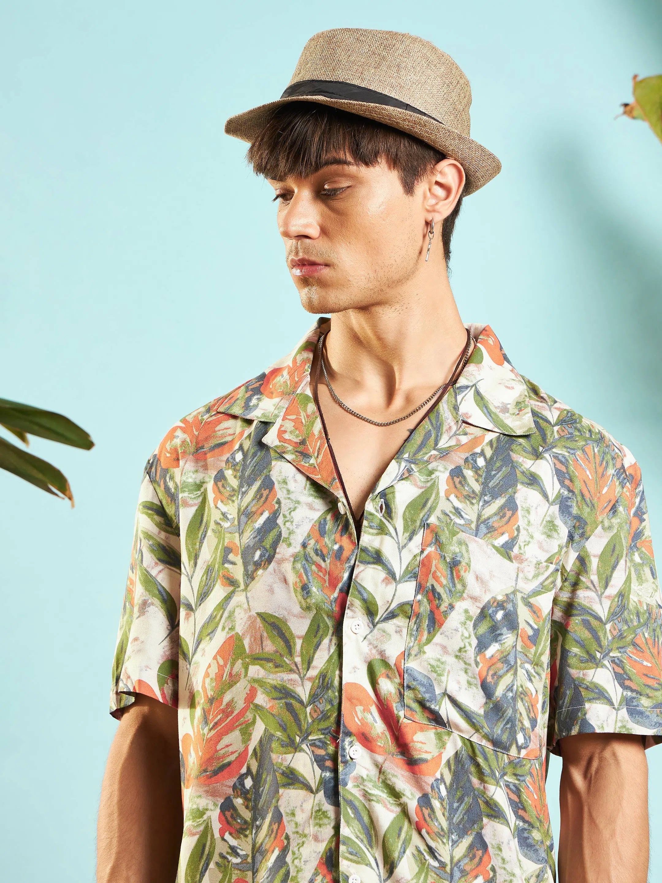 Beige Tropical Print Mens Shirt - Relax Fit Beach Shirts