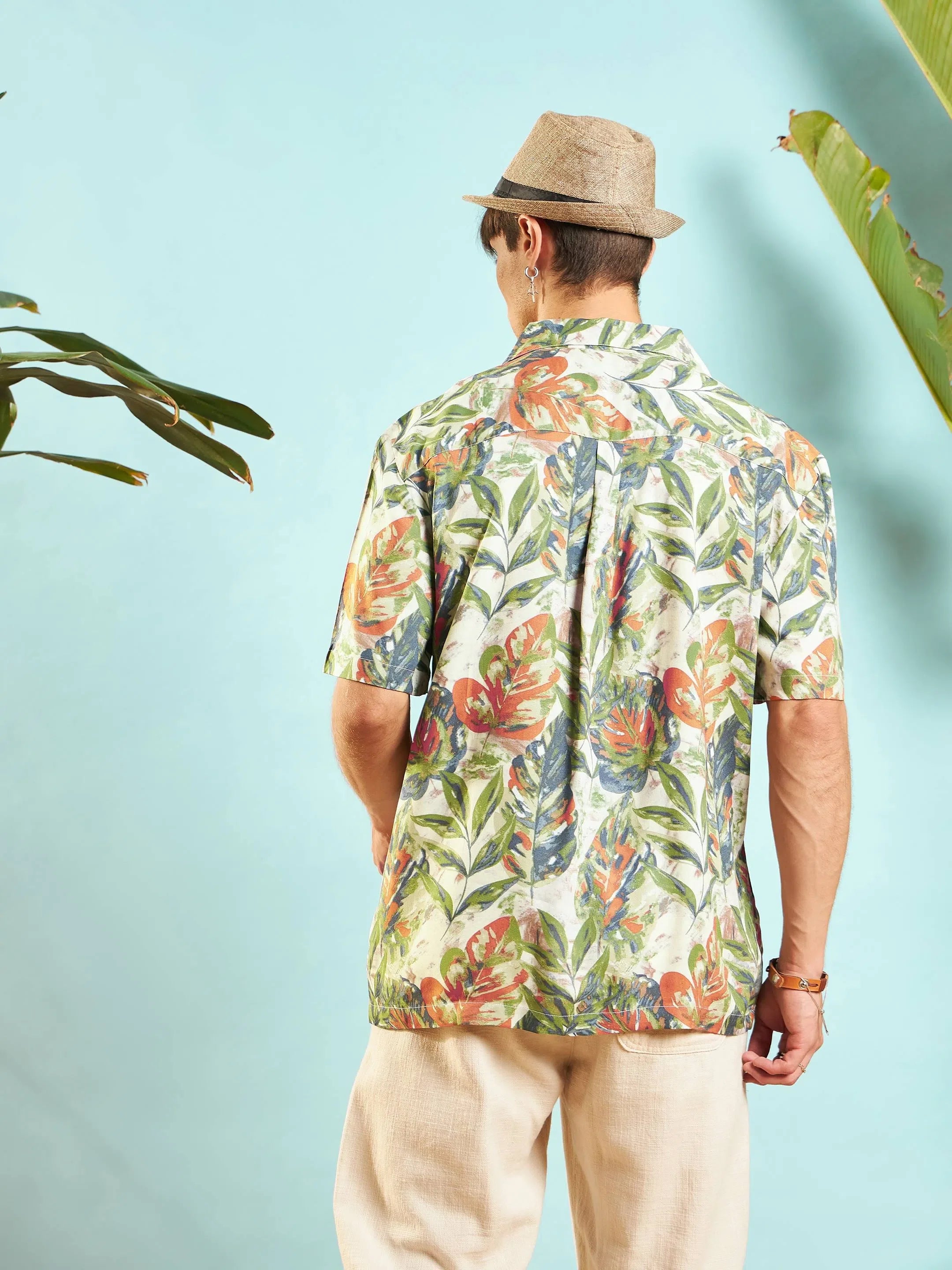 Beige Tropical Print Mens Shirt - Relax Fit Beach Shirts