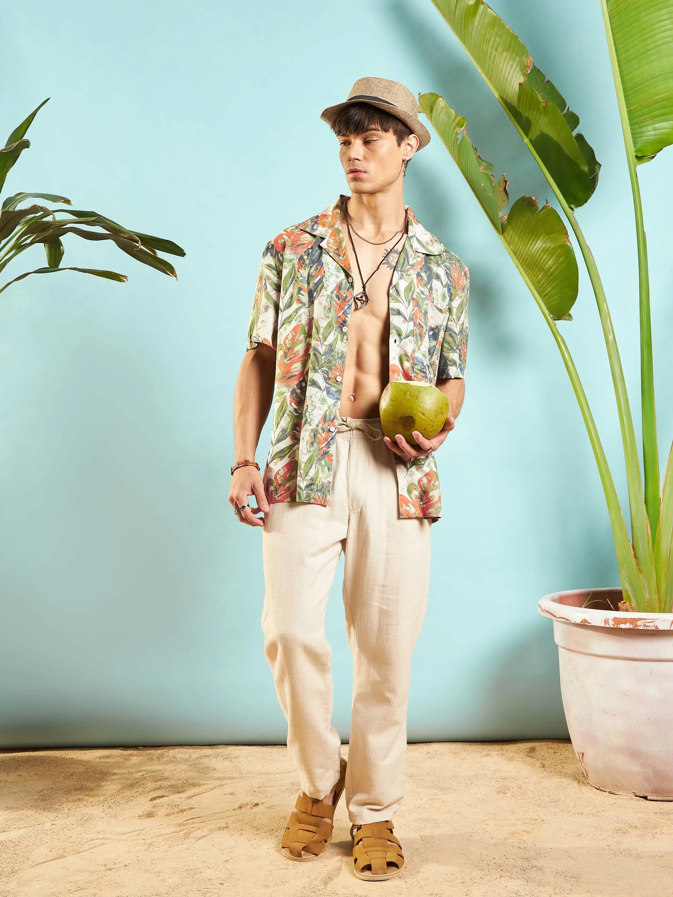 Beige Tropical Print Mens Shirt - Relax Fit Beach Shirts