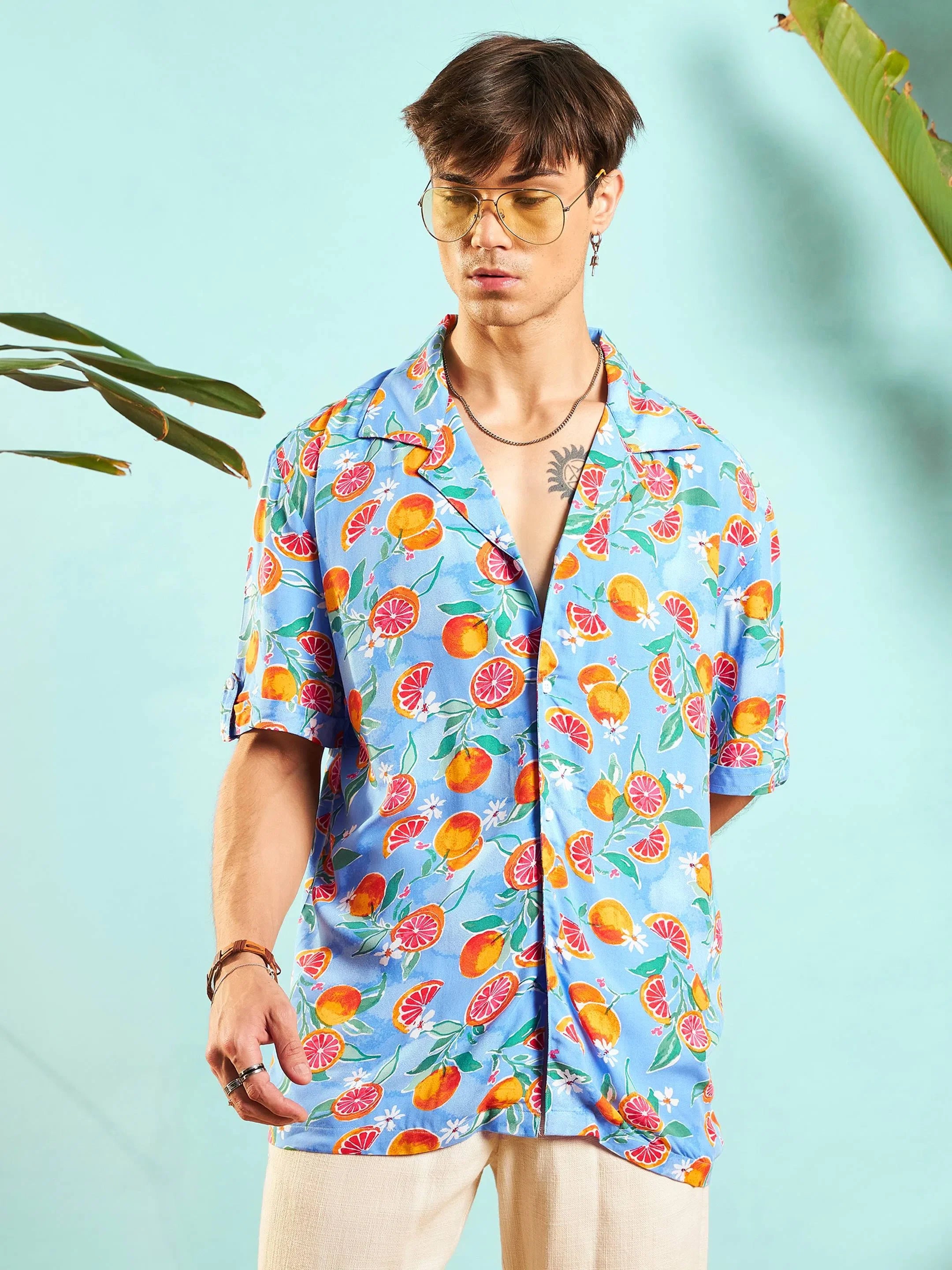Blue Fruit Print Mens Shirt - Relax Fit Printed Shirt