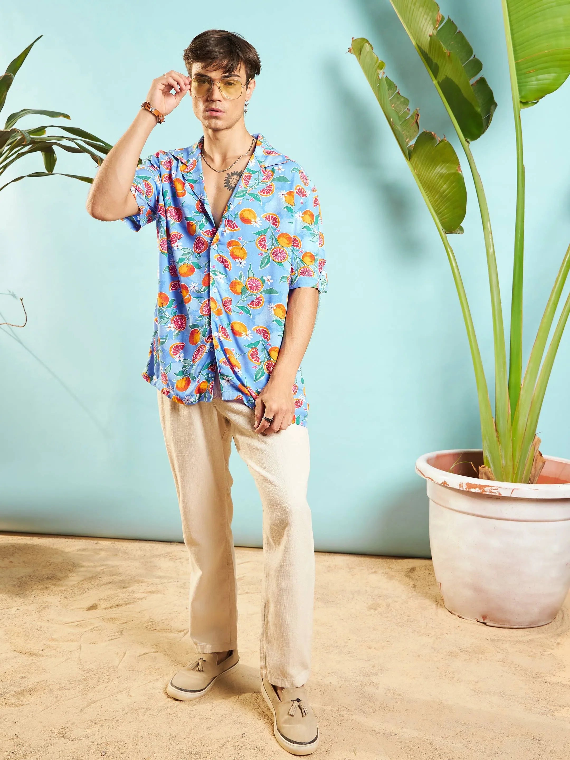 Blue Fruit Print Mens Shirt - Relax Fit Printed Shirt