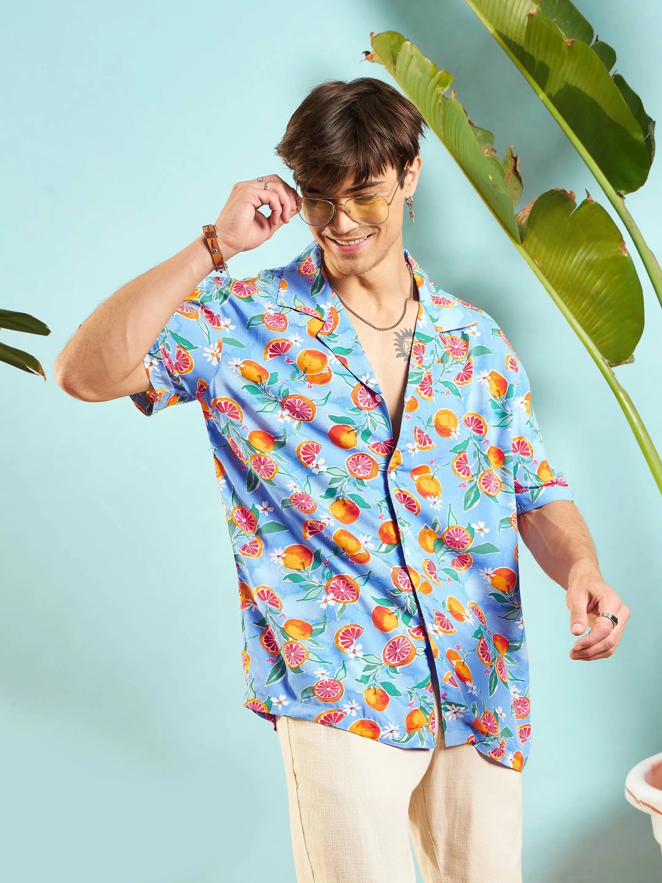 Blue Fruit Print Mens Shirt - Relax Fit Printed Shirt