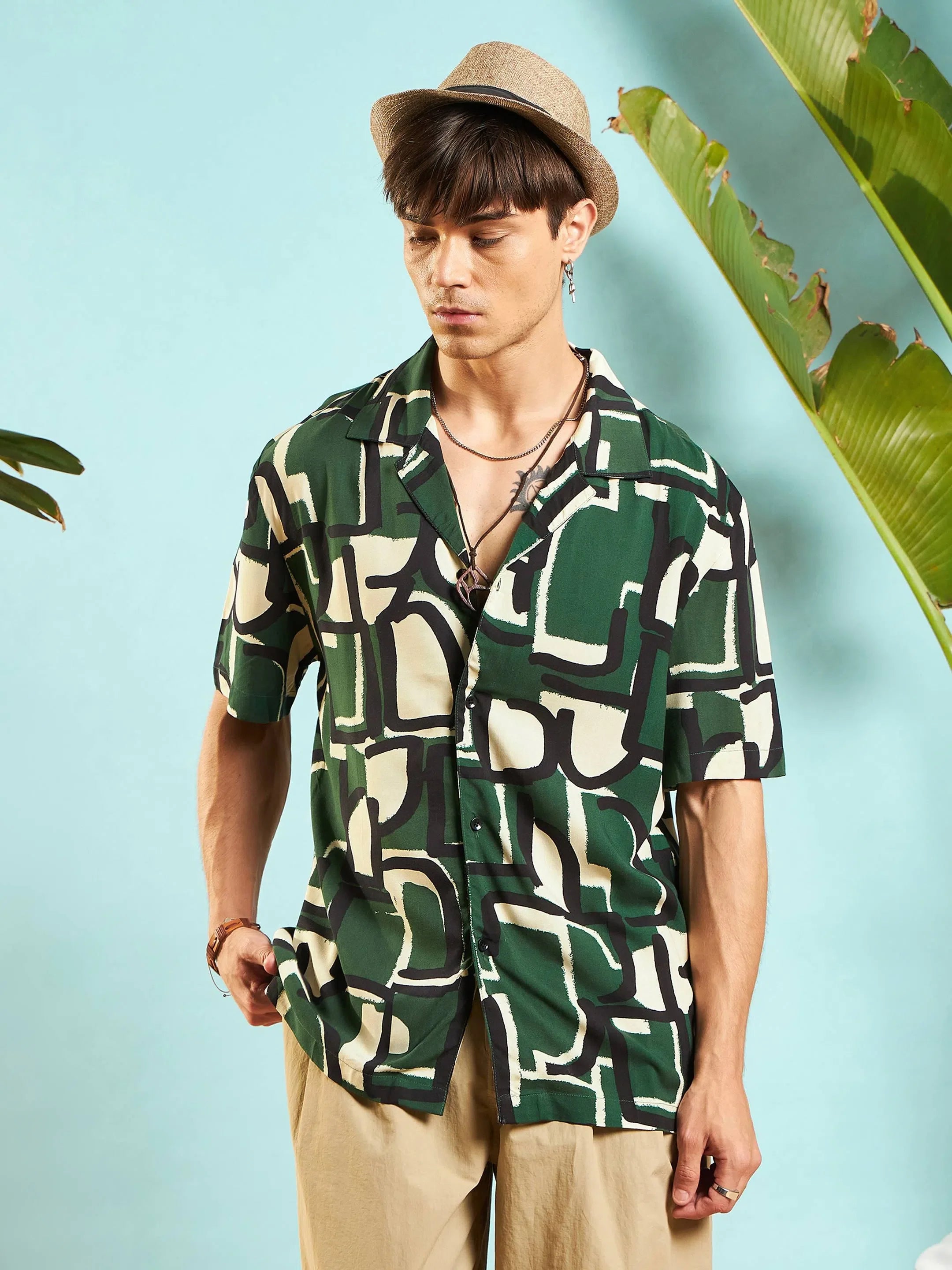 Green Abstract Print Mens Shirt - Relax Fit Rayon Shirt