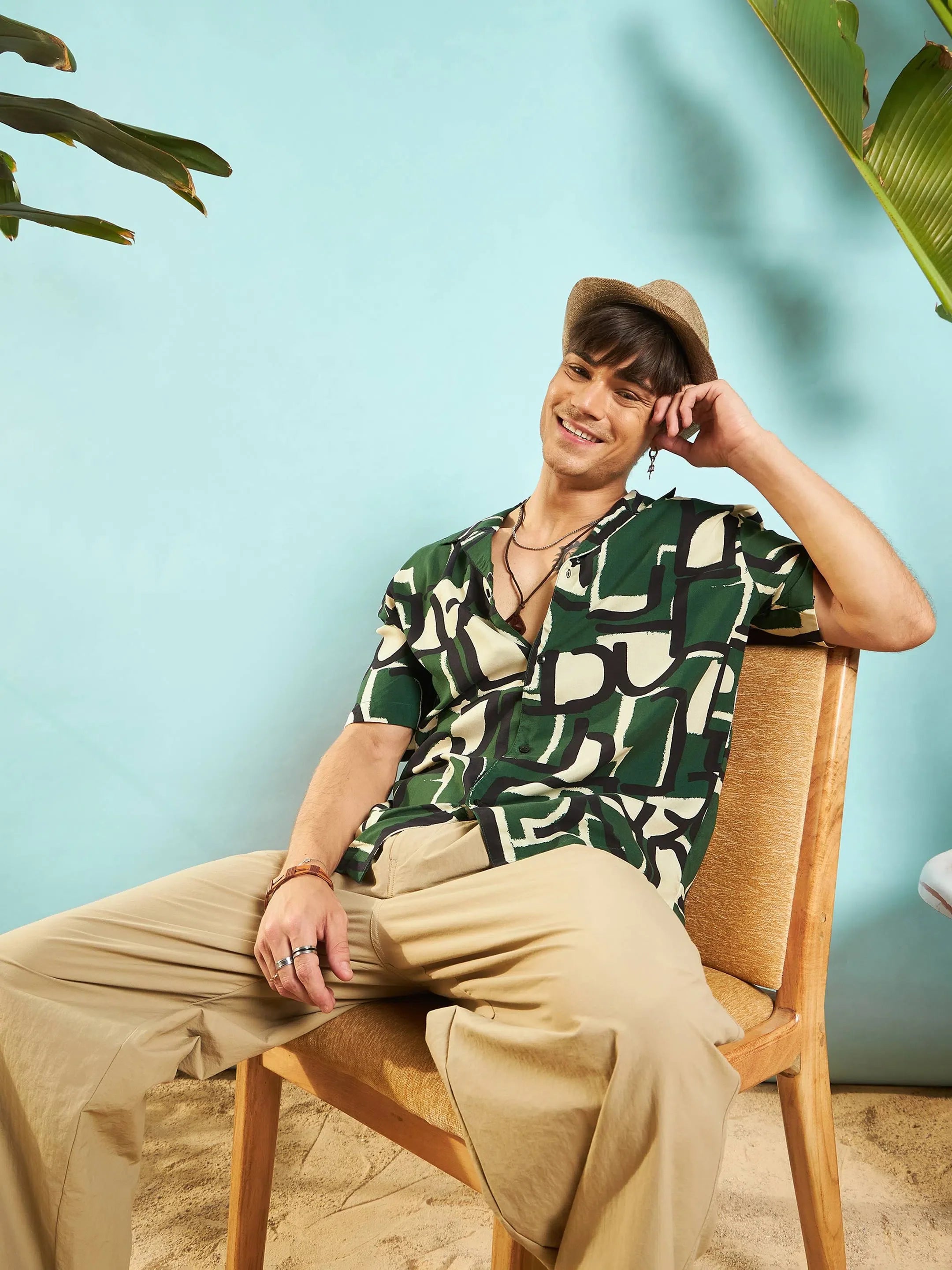 Green Abstract Print Mens Shirt - Relax Fit Rayon Shirt