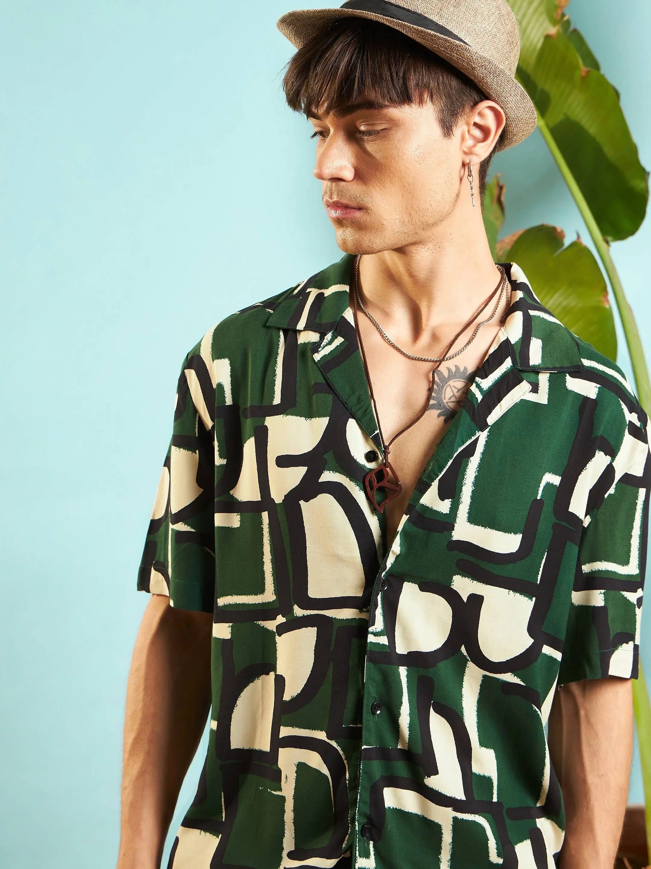Green Abstract Print Mens Shirt - Relax Fit Rayon Shirt