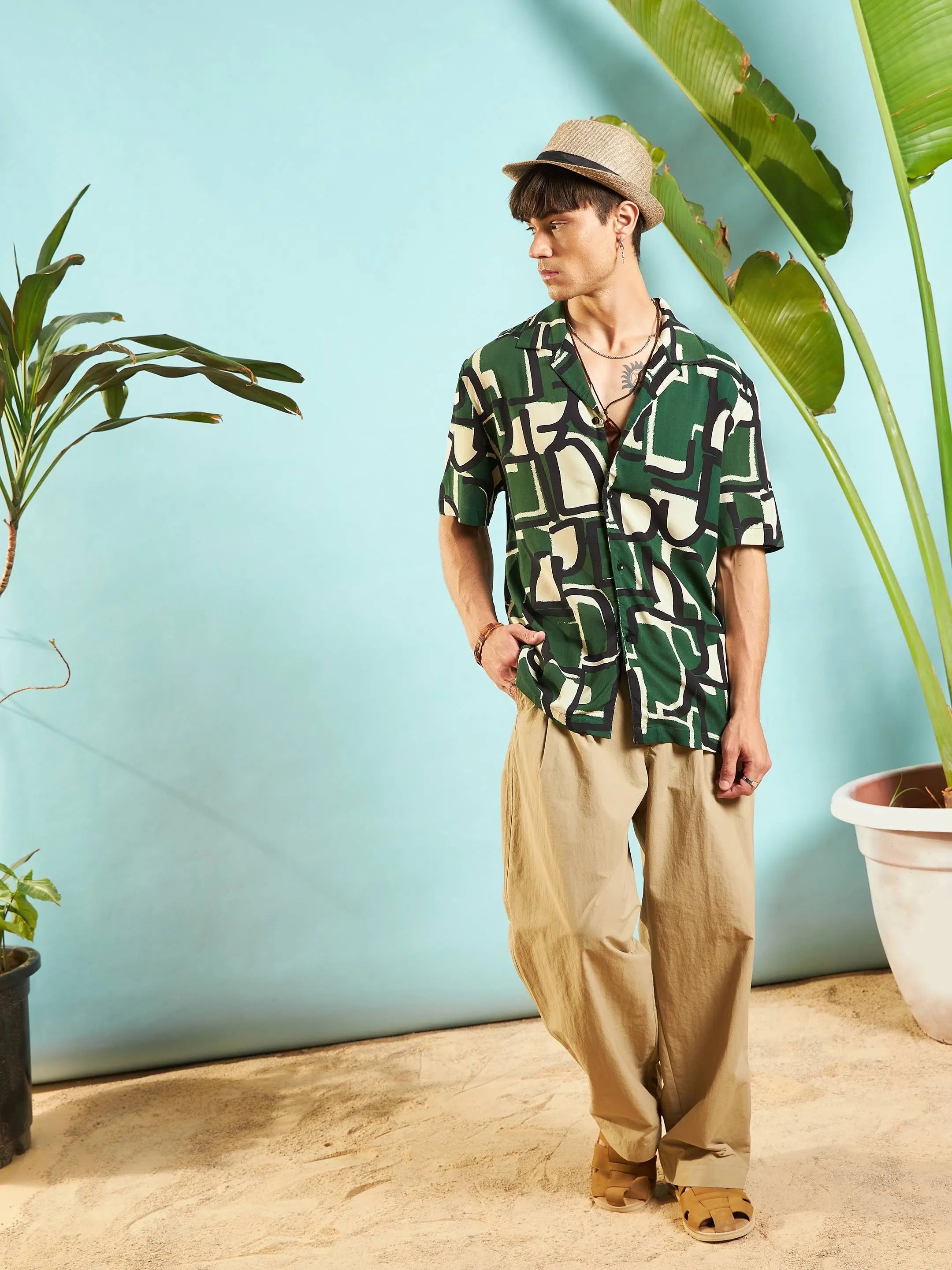Green Abstract Print Mens Shirt - Relax Fit Rayon Shirt