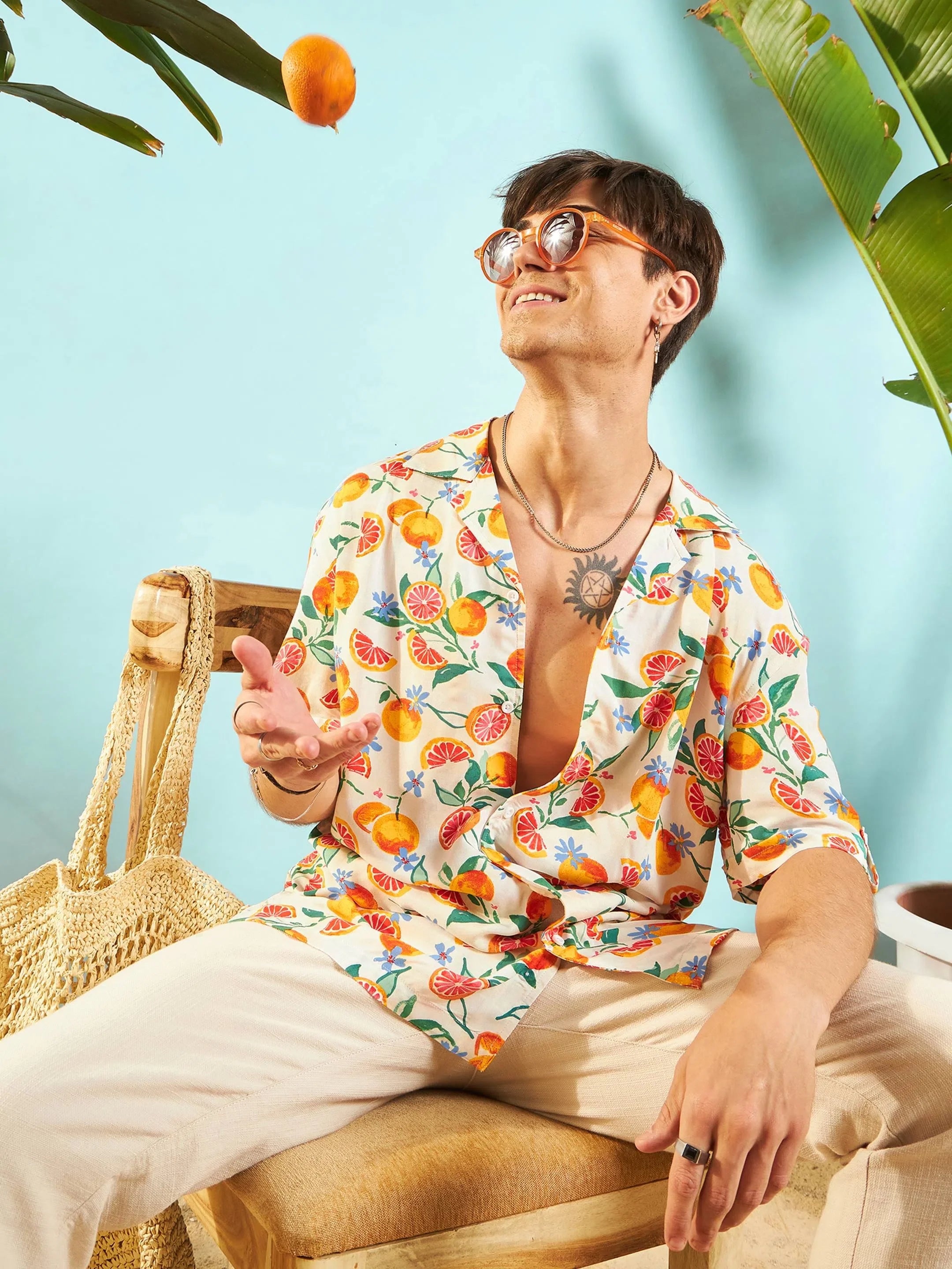 Beige Fruit Print Relax Fit Mens Shirt | Printed Shirt