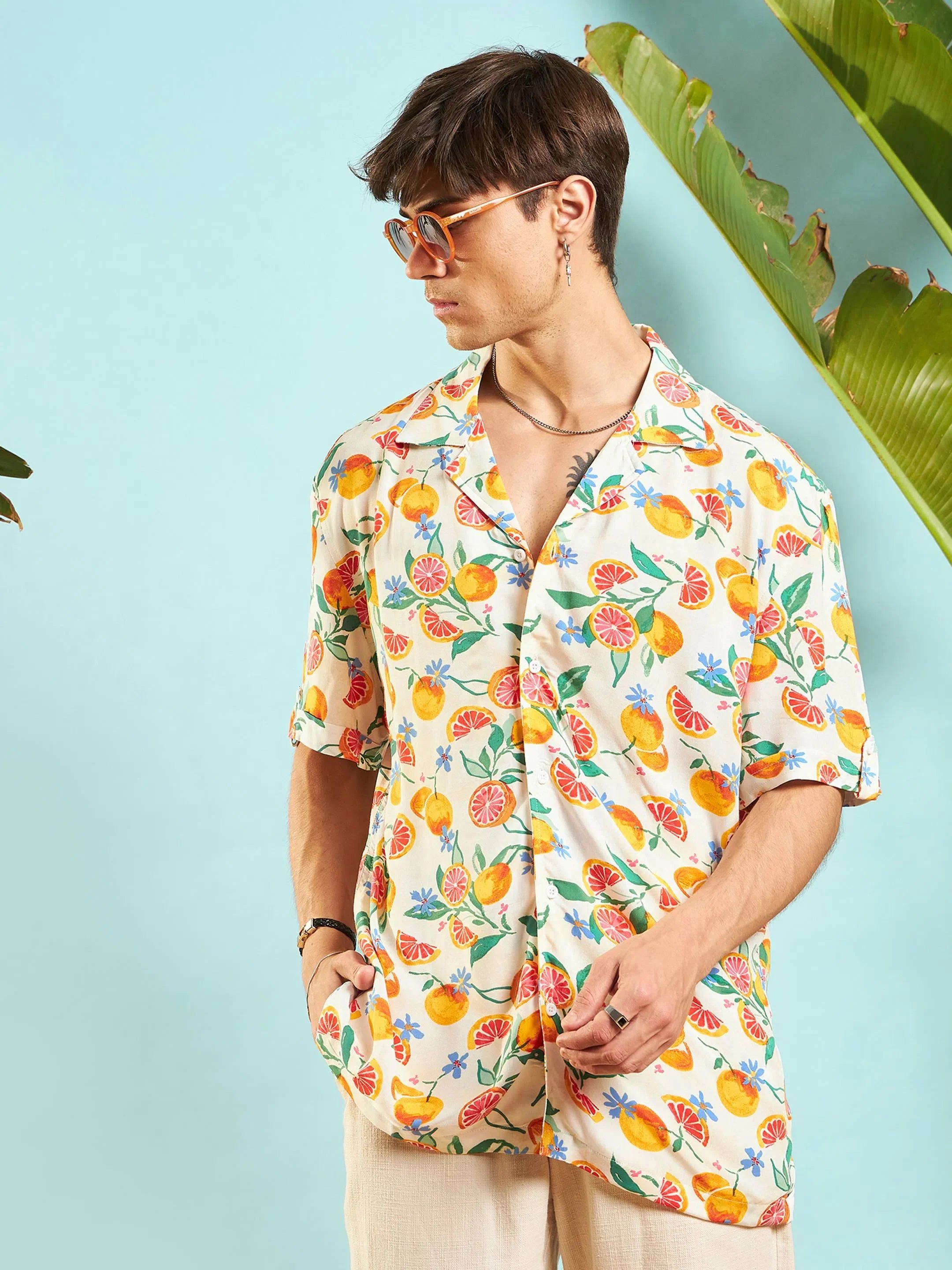 Beige Fruit Print Relax Fit Mens Shirt | Printed Shirt