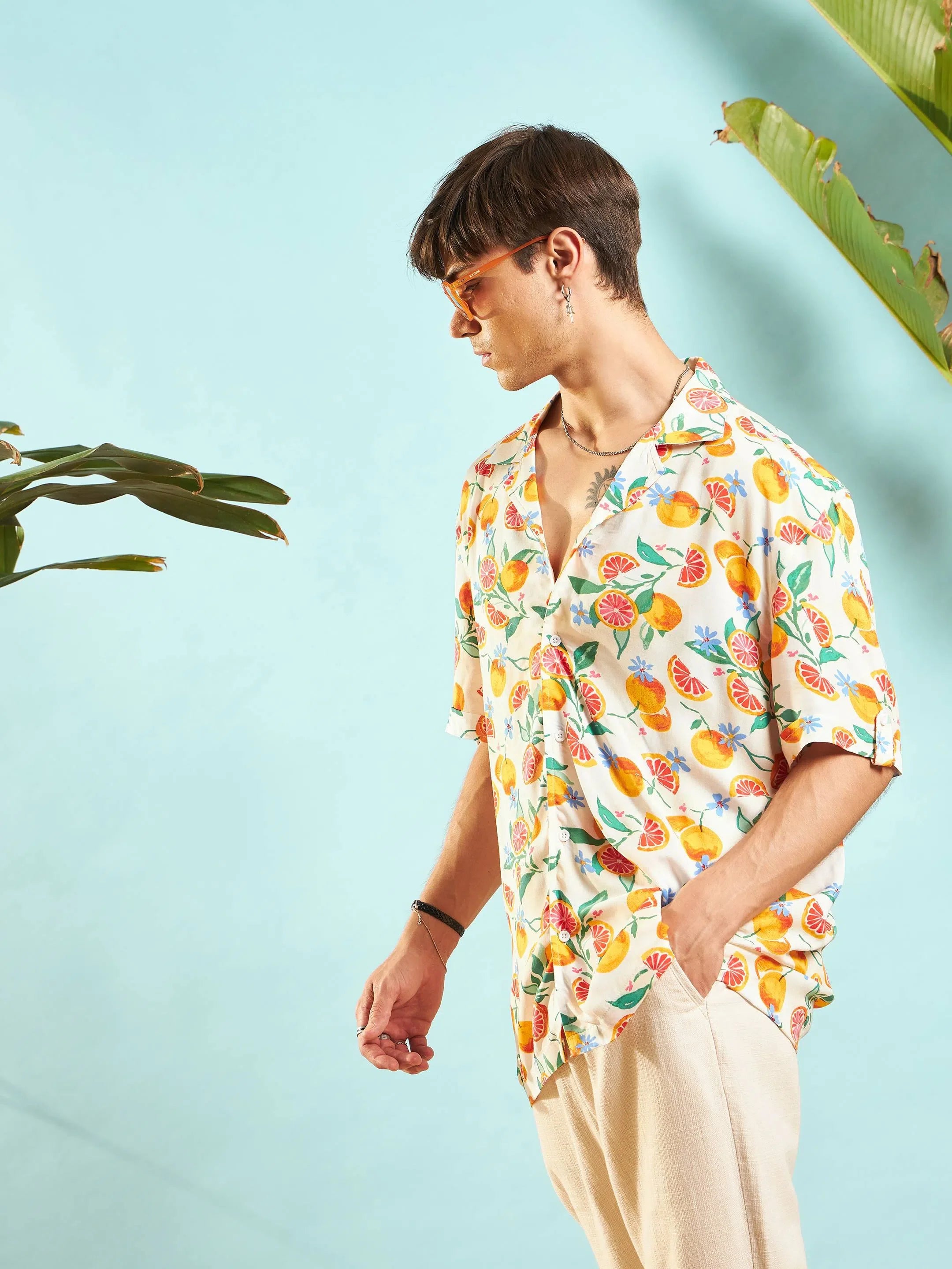 Beige Fruit Print Relax Fit Mens Shirt | Printed Shirt