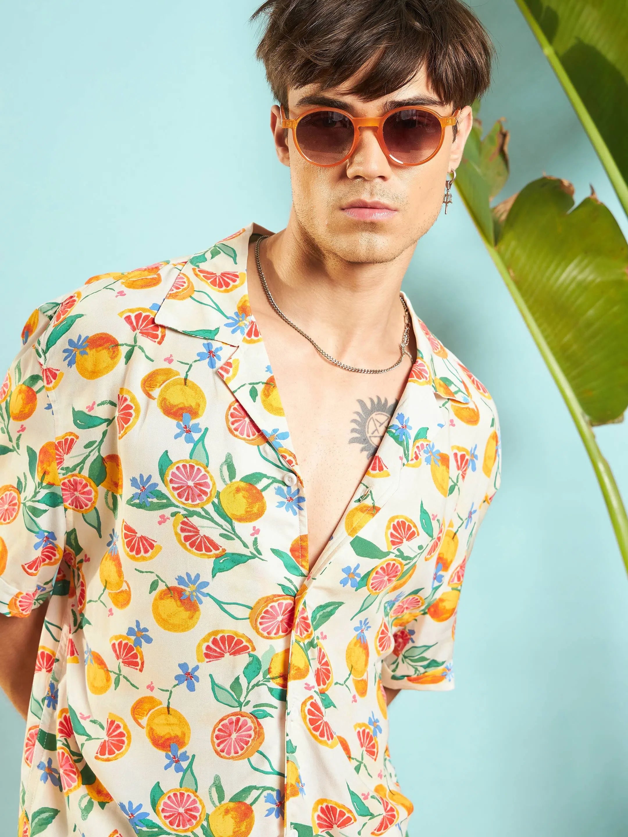 Beige Fruit Print Relax Fit Mens Shirt | Printed Shirt
