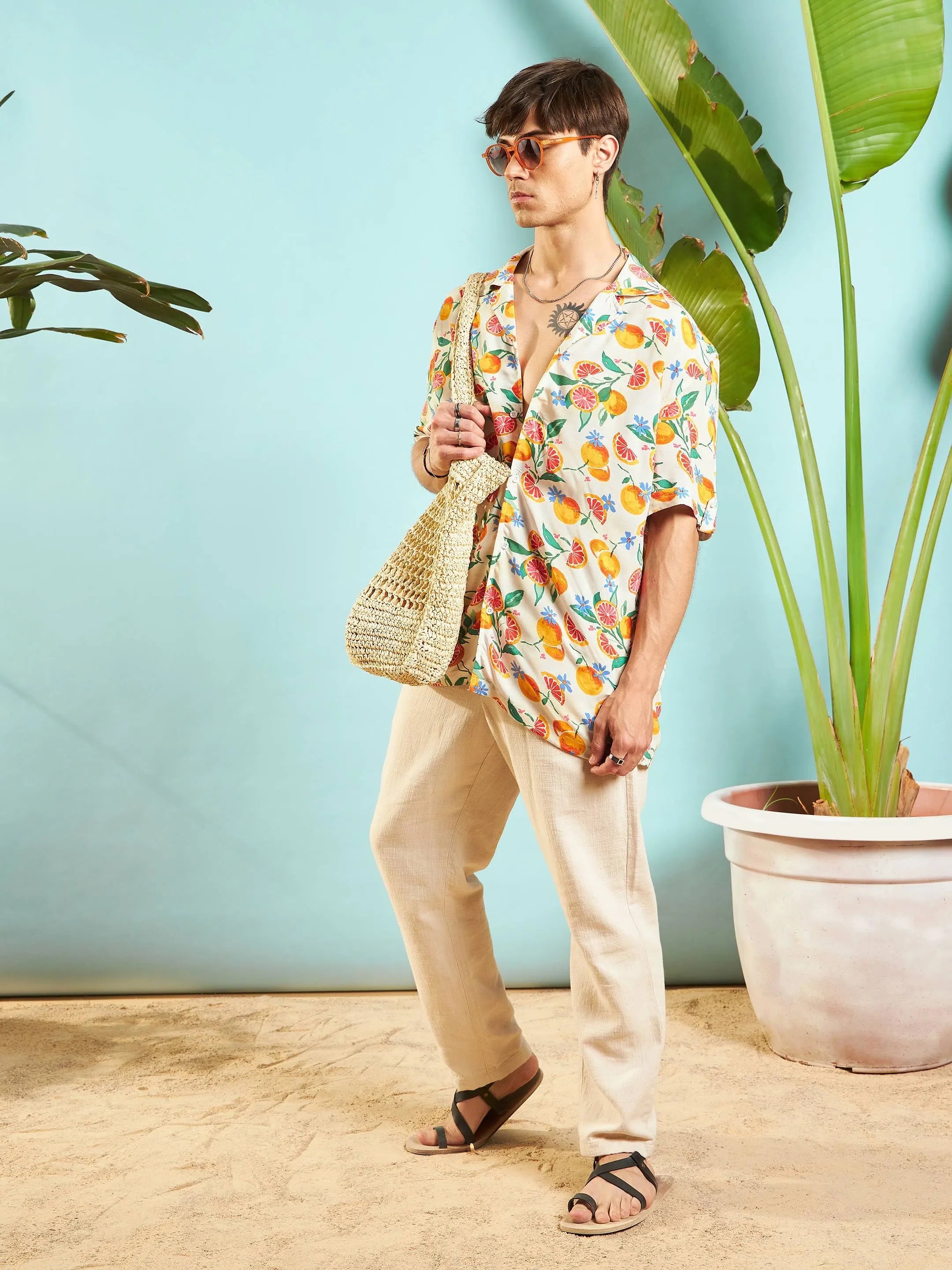 Beige Fruit Print Relax Fit Mens Shirt | Printed Shirt