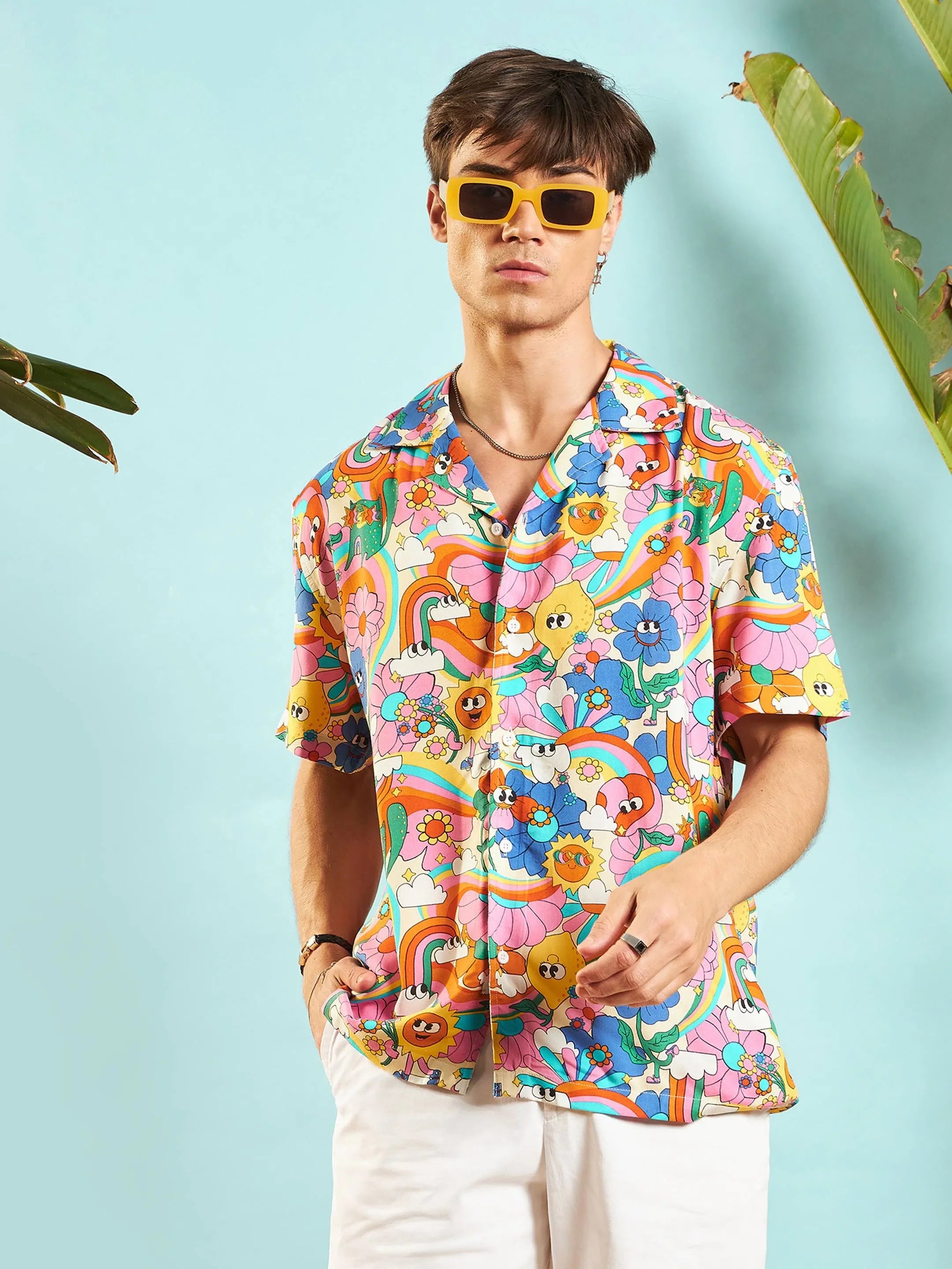 Pink Floral Print Mens Shirt - Relaxed Fit Rayon Shirt