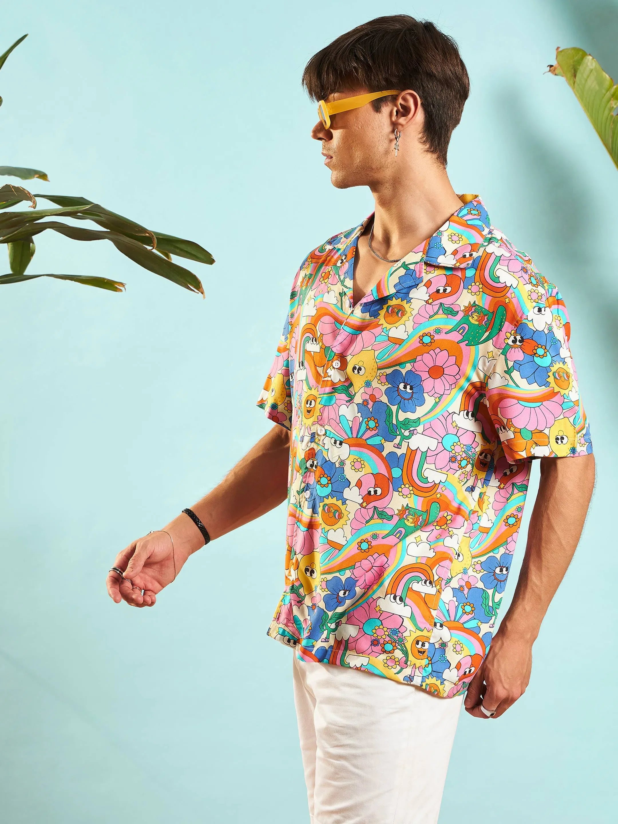 Pink Floral Print Mens Shirt - Relaxed Fit Rayon Shirt
