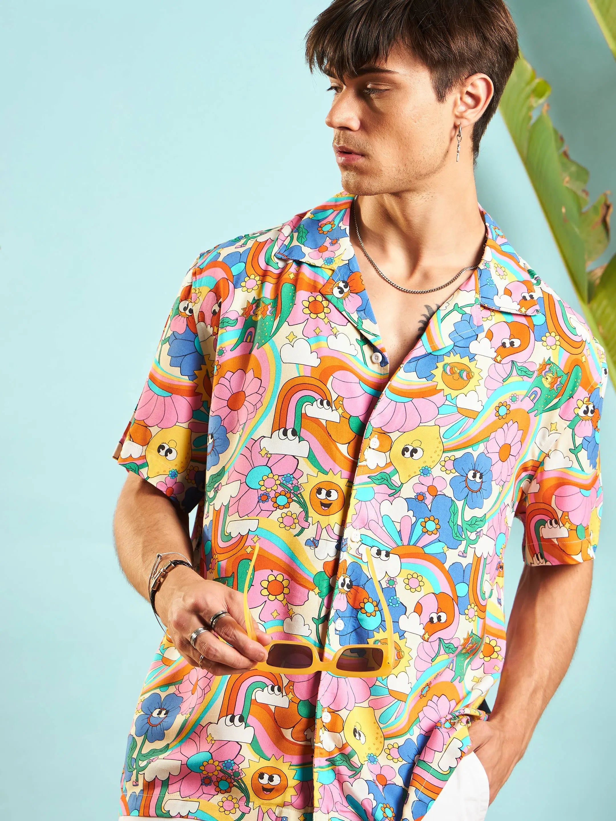 Pink Floral Print Mens Shirt - Relaxed Fit Rayon Shirt