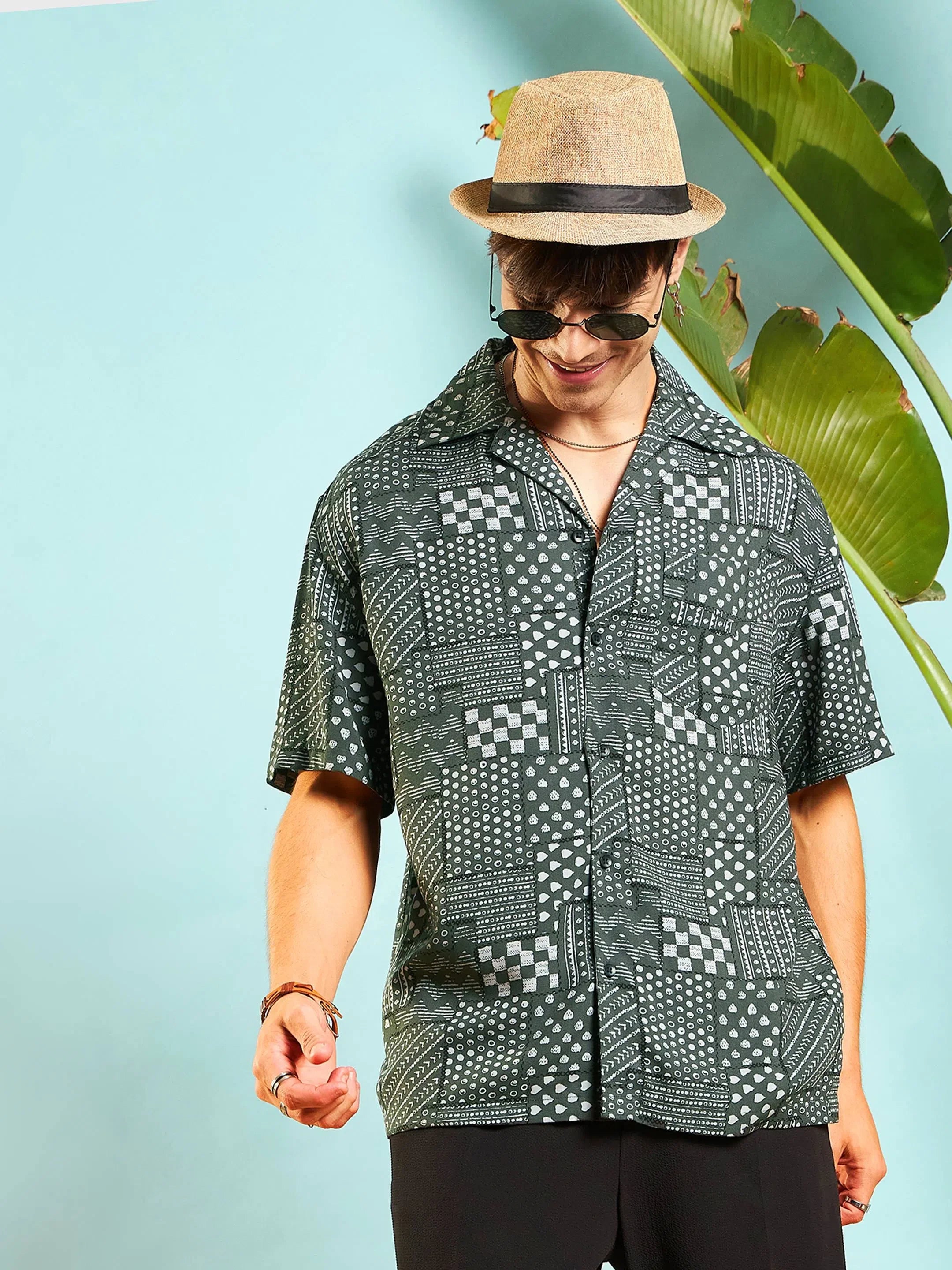Olive Conversational Print Mens Shirt - Relax Fit Rayon