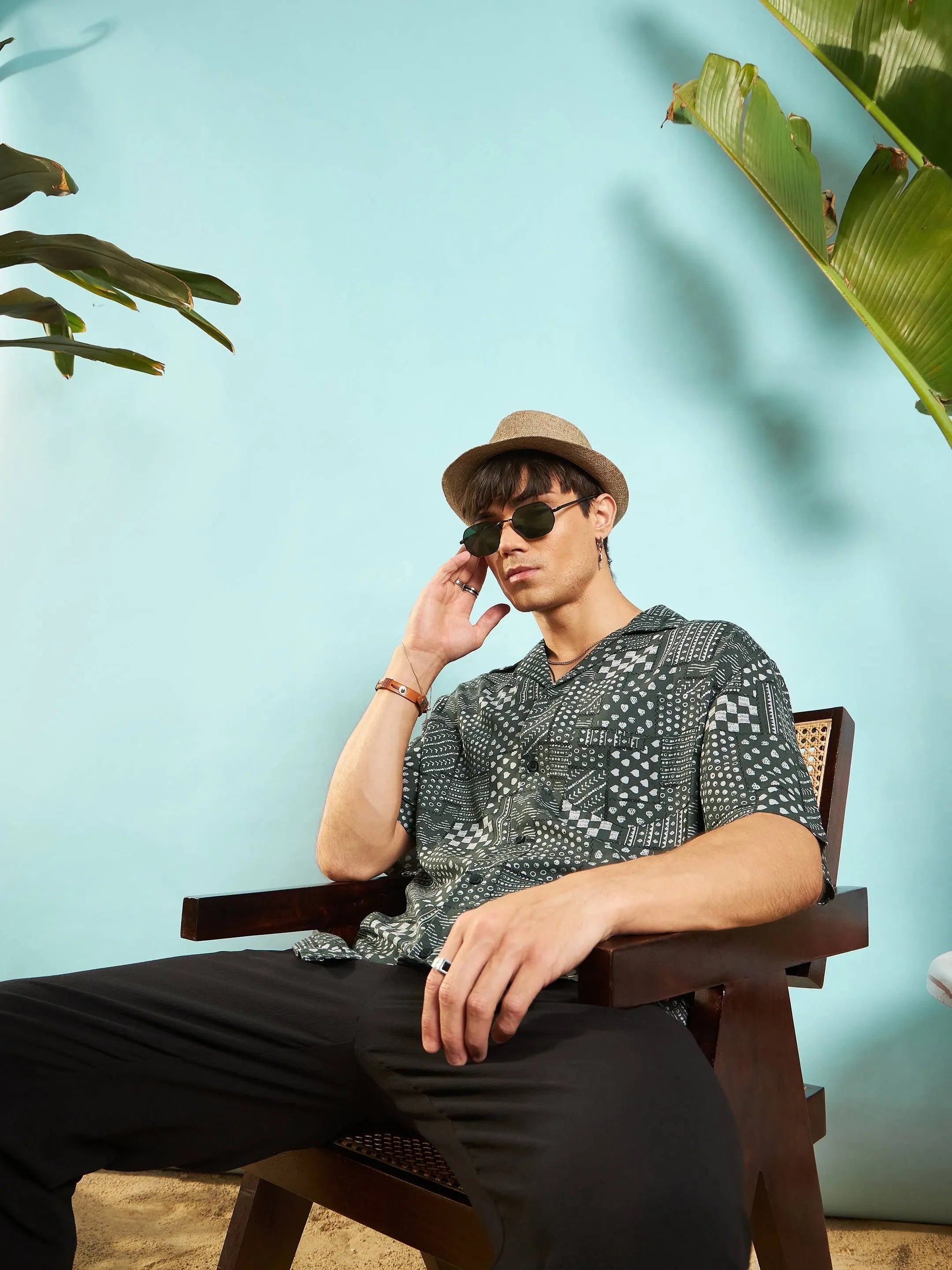 Olive Conversational Print Mens Shirt - Relax Fit Rayon