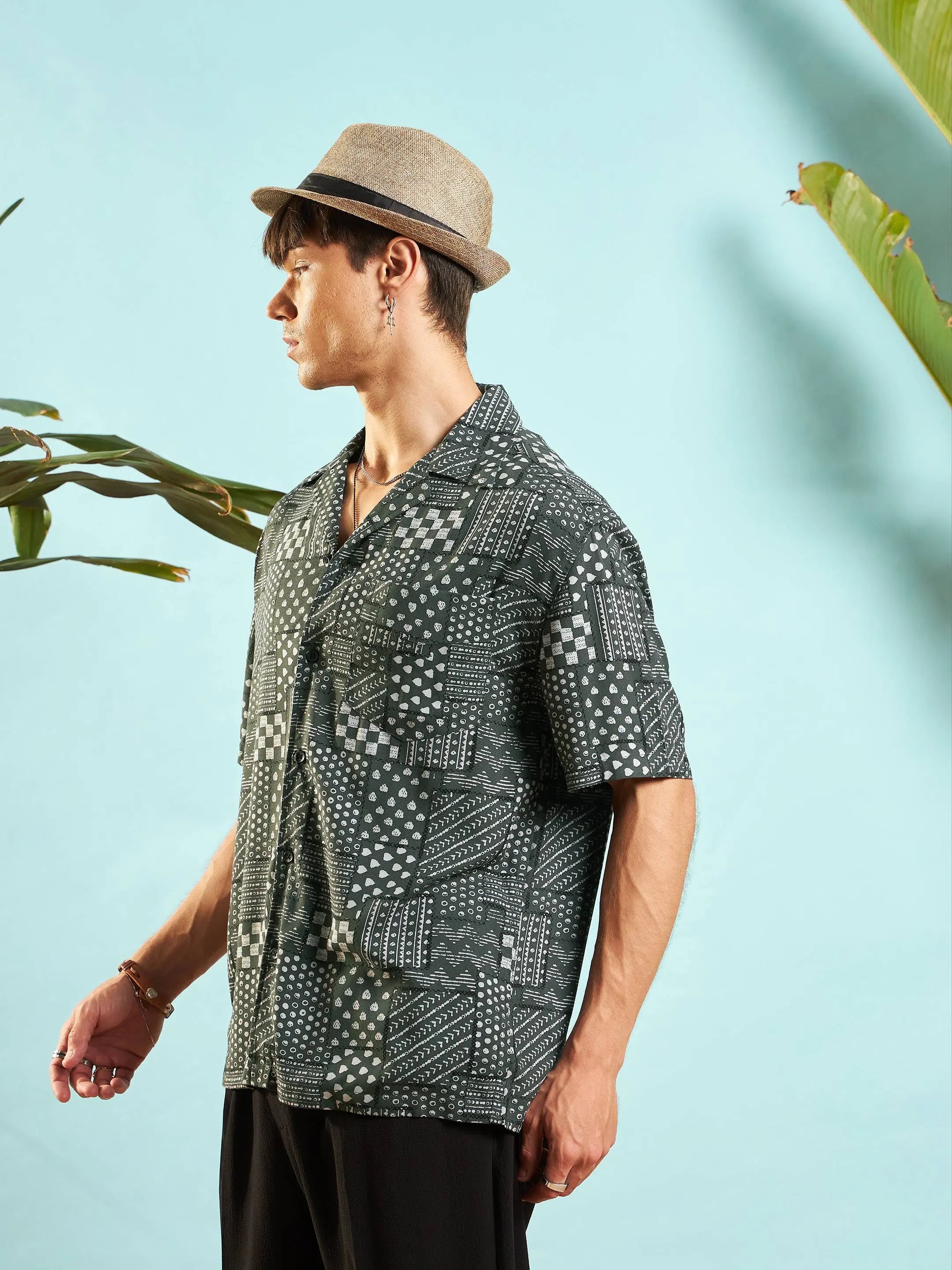 Olive Conversational Print Mens Shirt - Relax Fit Rayon