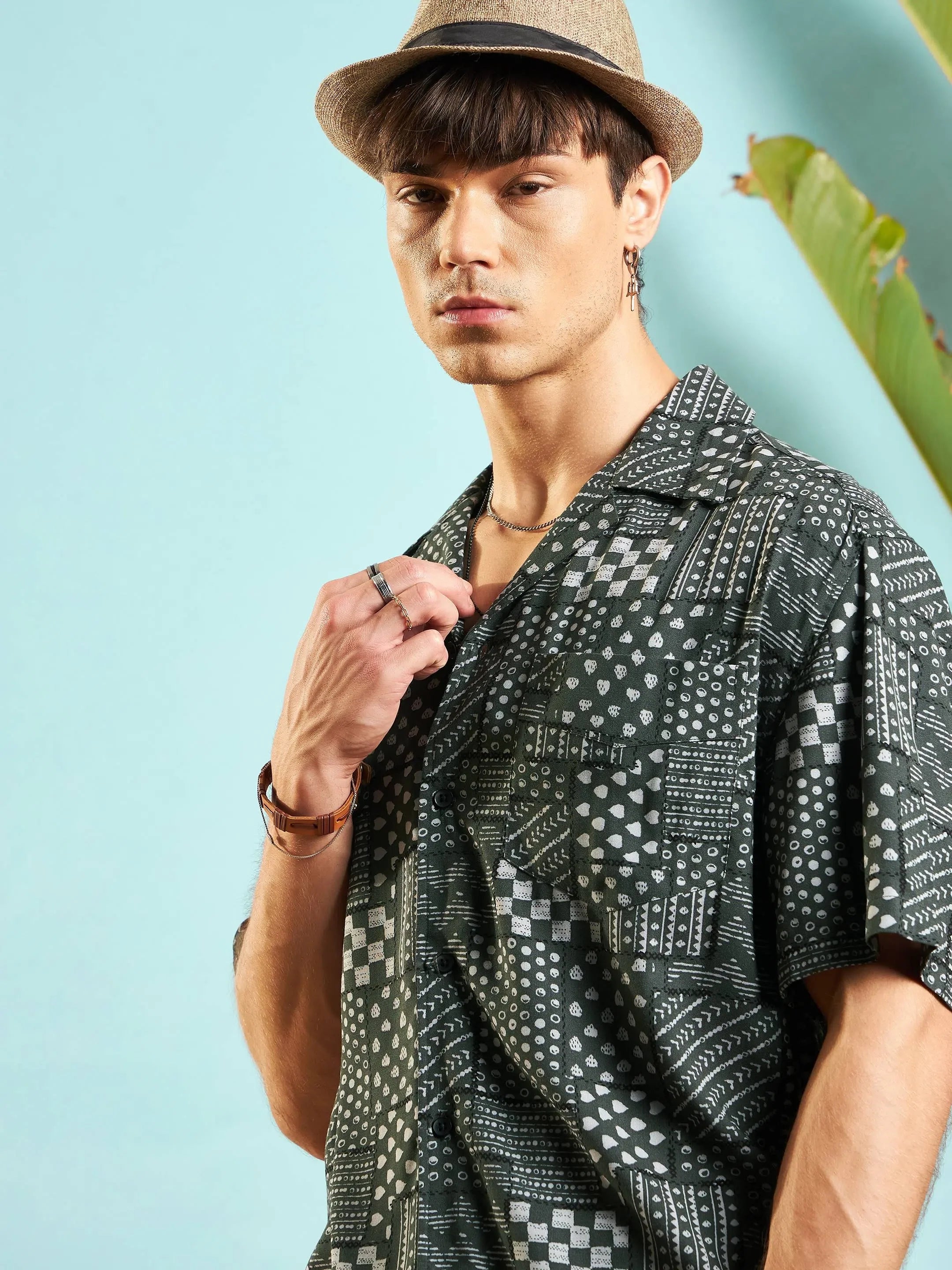 Olive Conversational Print Mens Shirt - Relax Fit Rayon