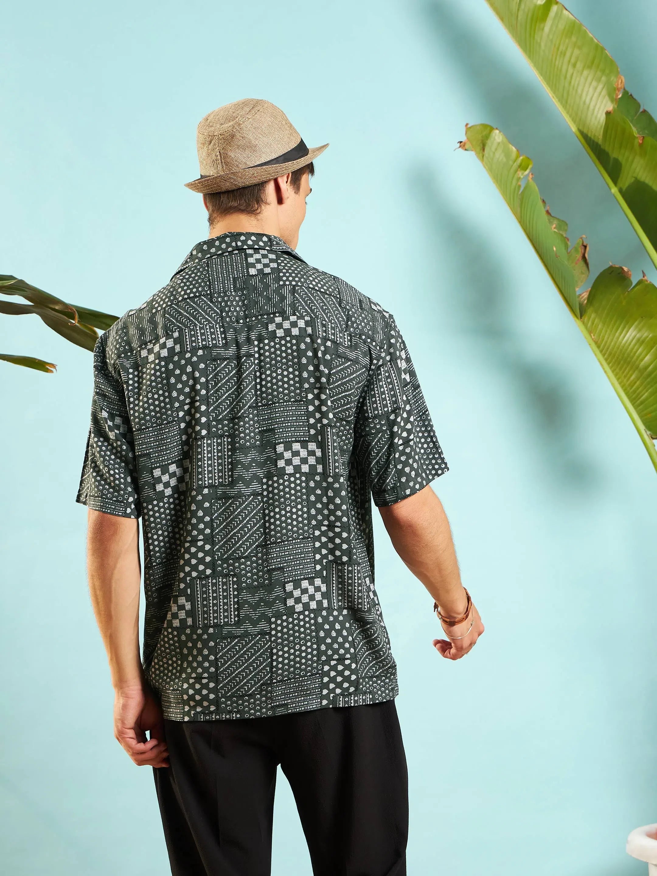 Olive Conversational Print Mens Shirt - Relax Fit Rayon