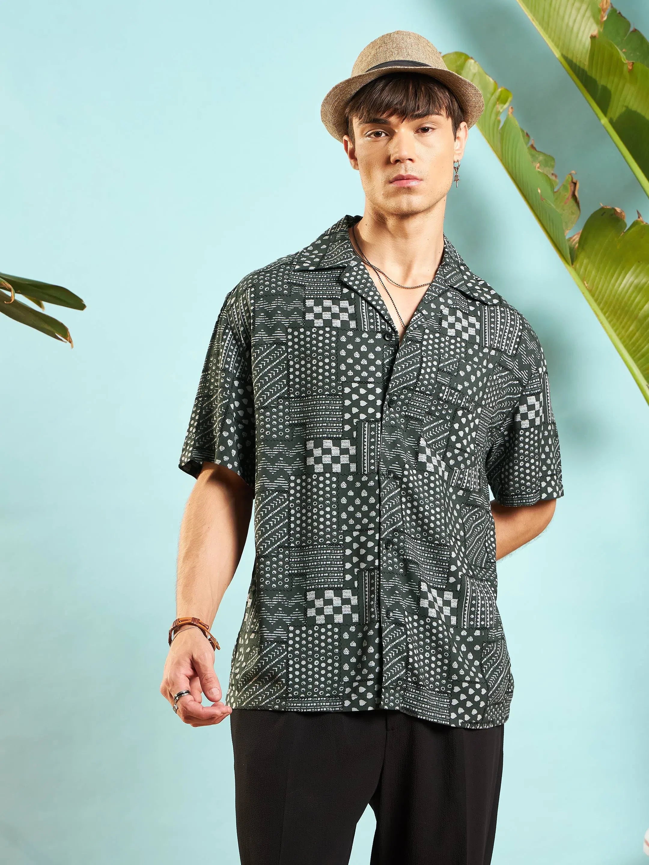 Olive Conversational Print Mens Shirt - Relax Fit Rayon
