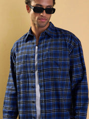 Men Blue & Black Check Patch Pocket Oversize Shirt-MSSHRT20481