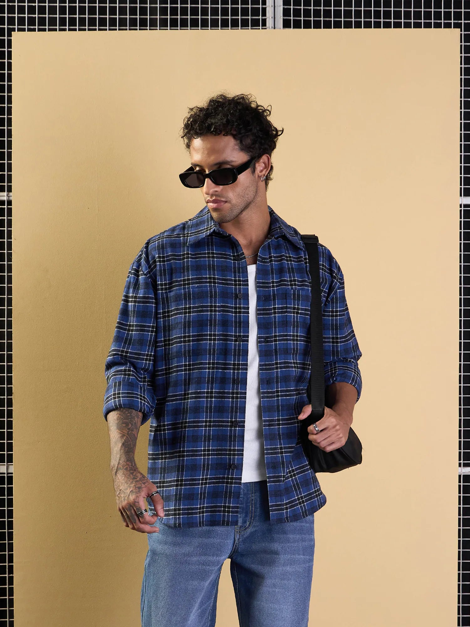 Blue & Black Check Oversize Cotton Mens Shirt with Pockets