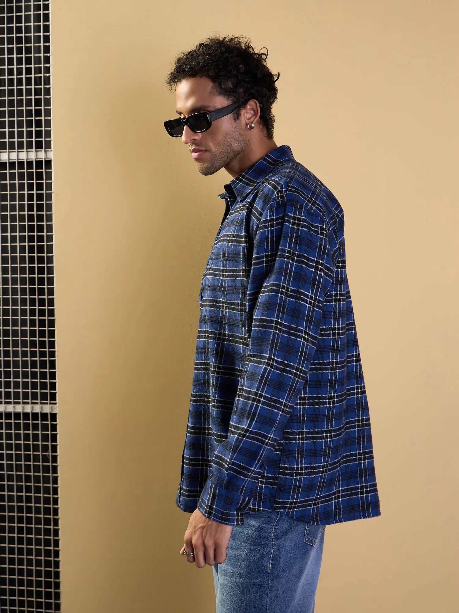 Blue & Black Check Oversize Cotton Mens Shirt with Pockets