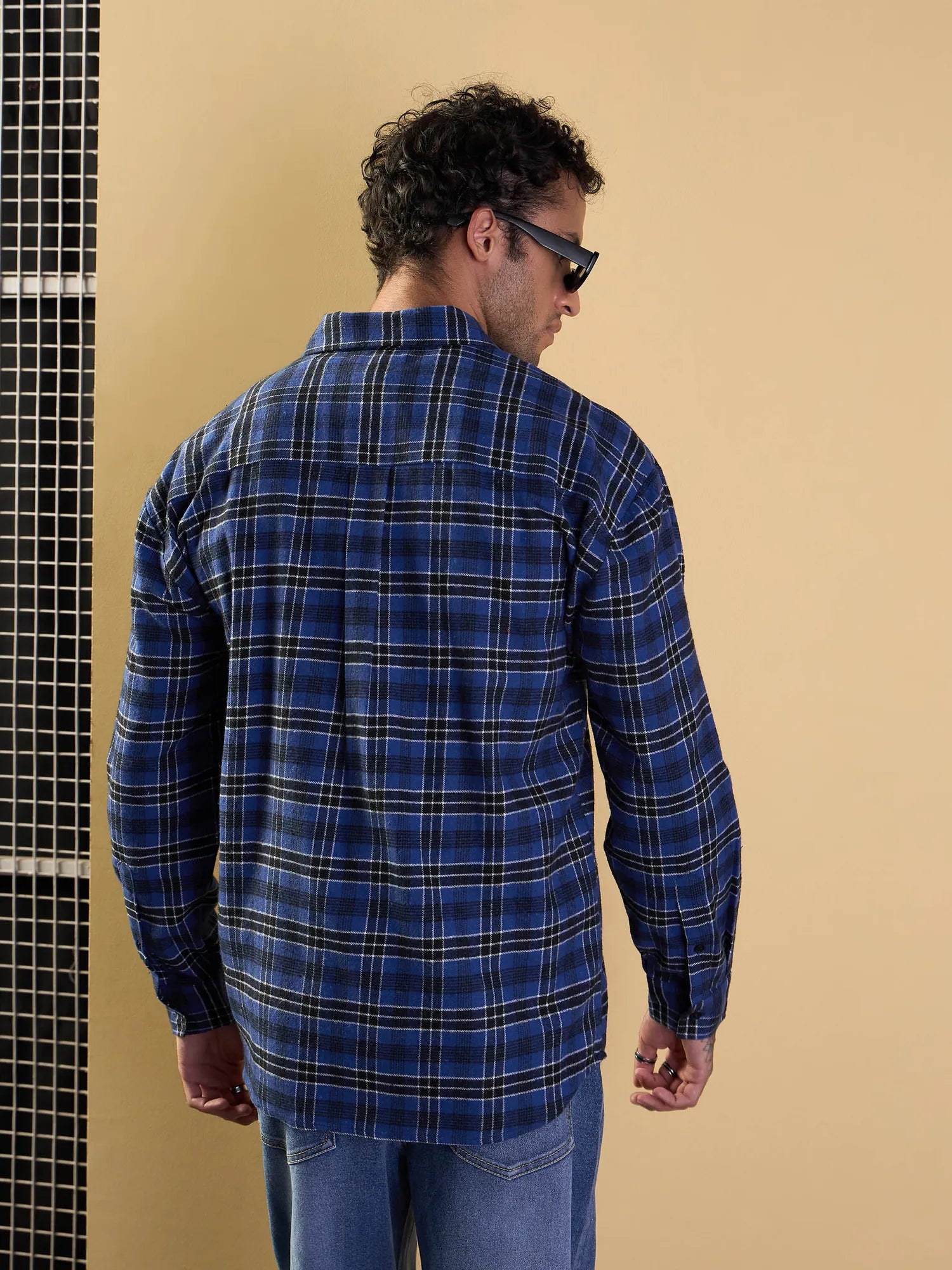 Blue & Black Check Oversize Cotton Mens Shirt with Pockets