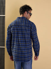 Men Blue & Black Check Patch Pocket Oversize Shirt-MSSHRT20481