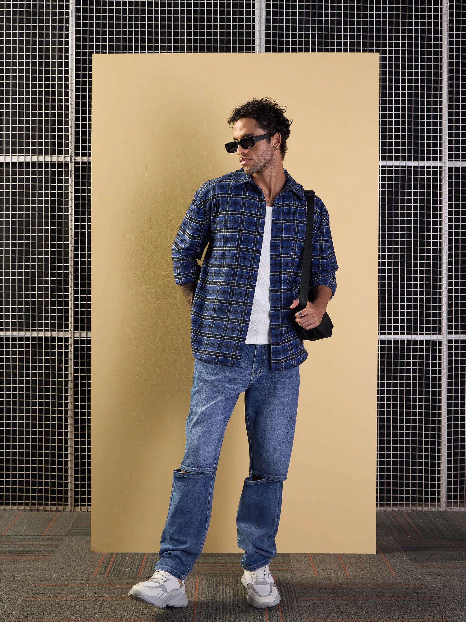 Blue & Black Check Oversize Cotton Mens Shirt with Pockets