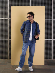 Men Blue & Black Check Patch Pocket Oversize Shirt-MSSHRT20481