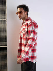 Men Red & White Check Flap Pocket Oversize Shirt-MSSHRT20483