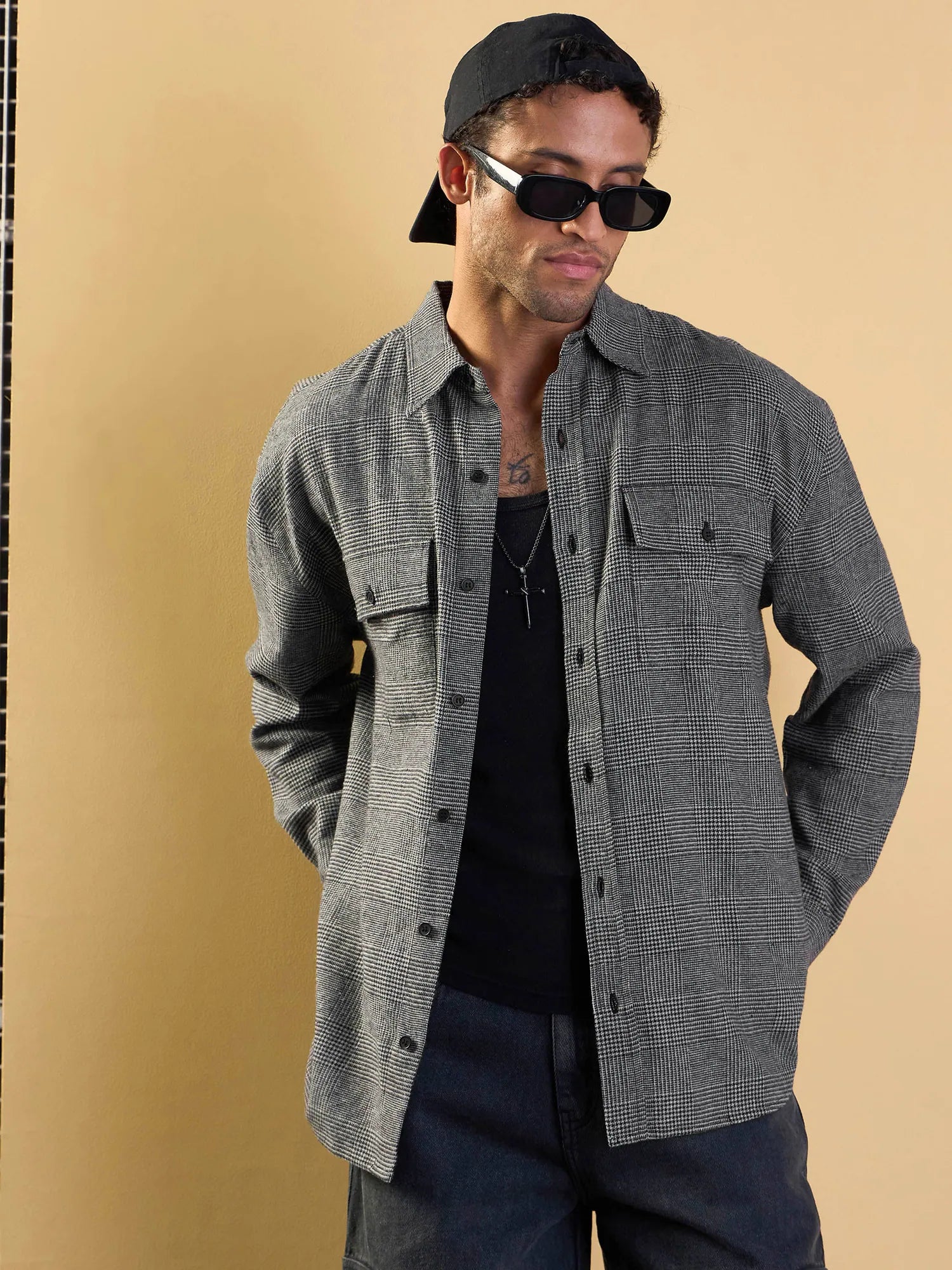 Men's Grey Check Flap Pocket Cotton Oversize Shirt