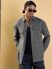 Men Grey Check Flap Pocket Oversize Shirt-MSSHRT20485