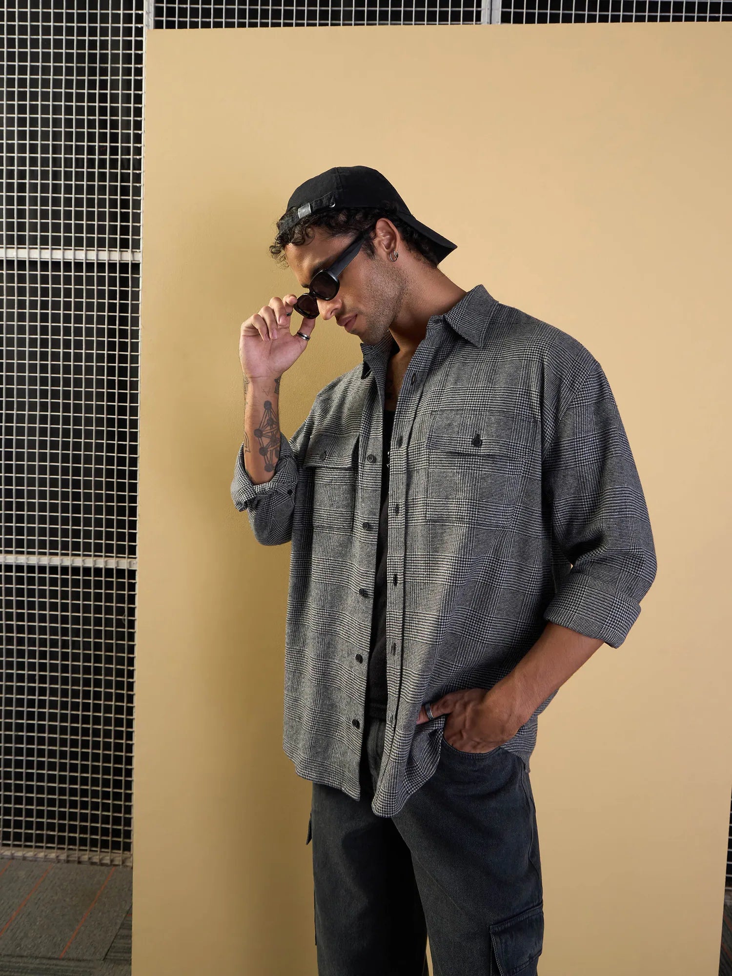 Men's Grey Check Flap Pocket Cotton Oversize Shirt