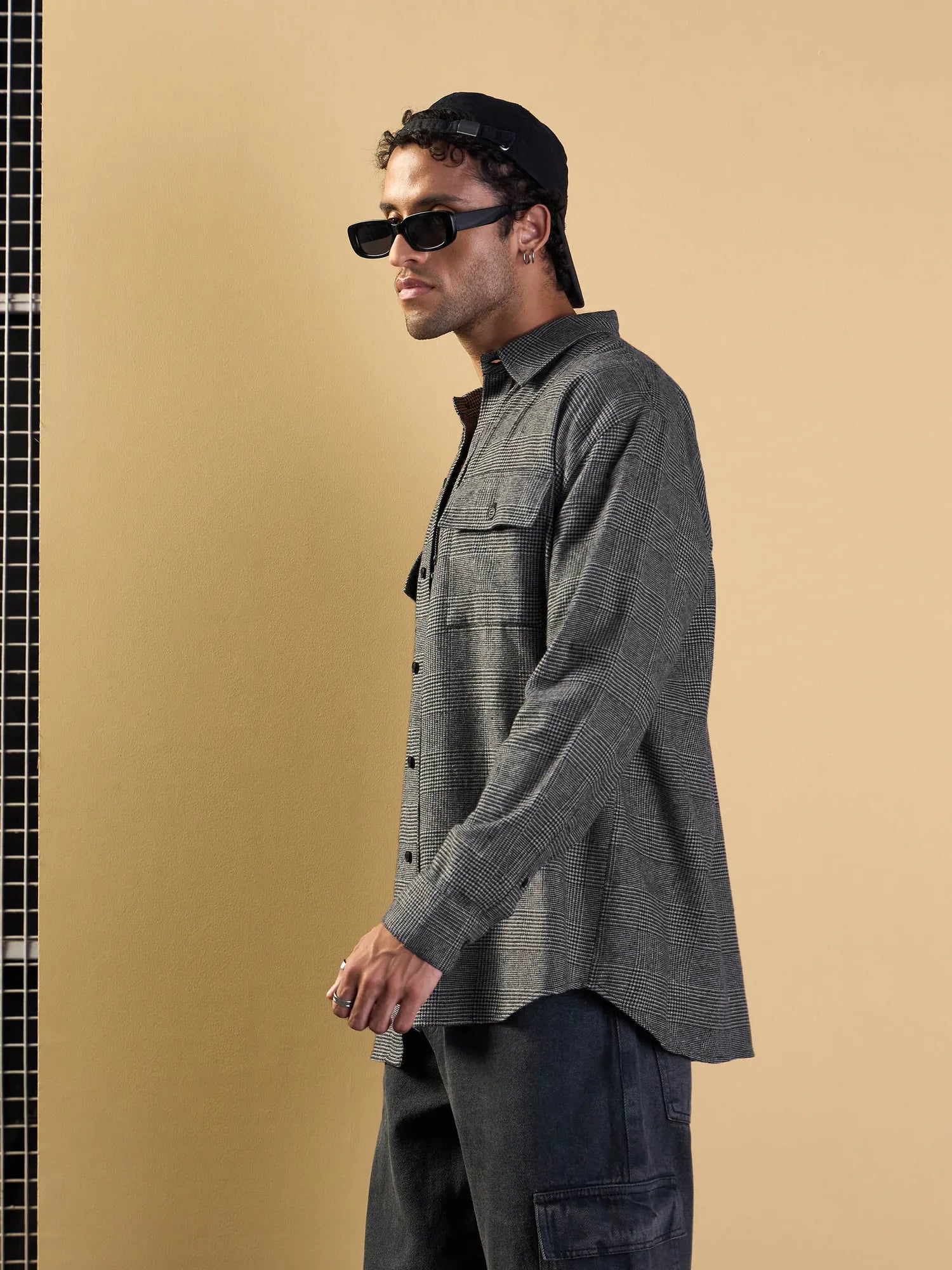 Men's Grey Check Flap Pocket Cotton Oversize Shirt